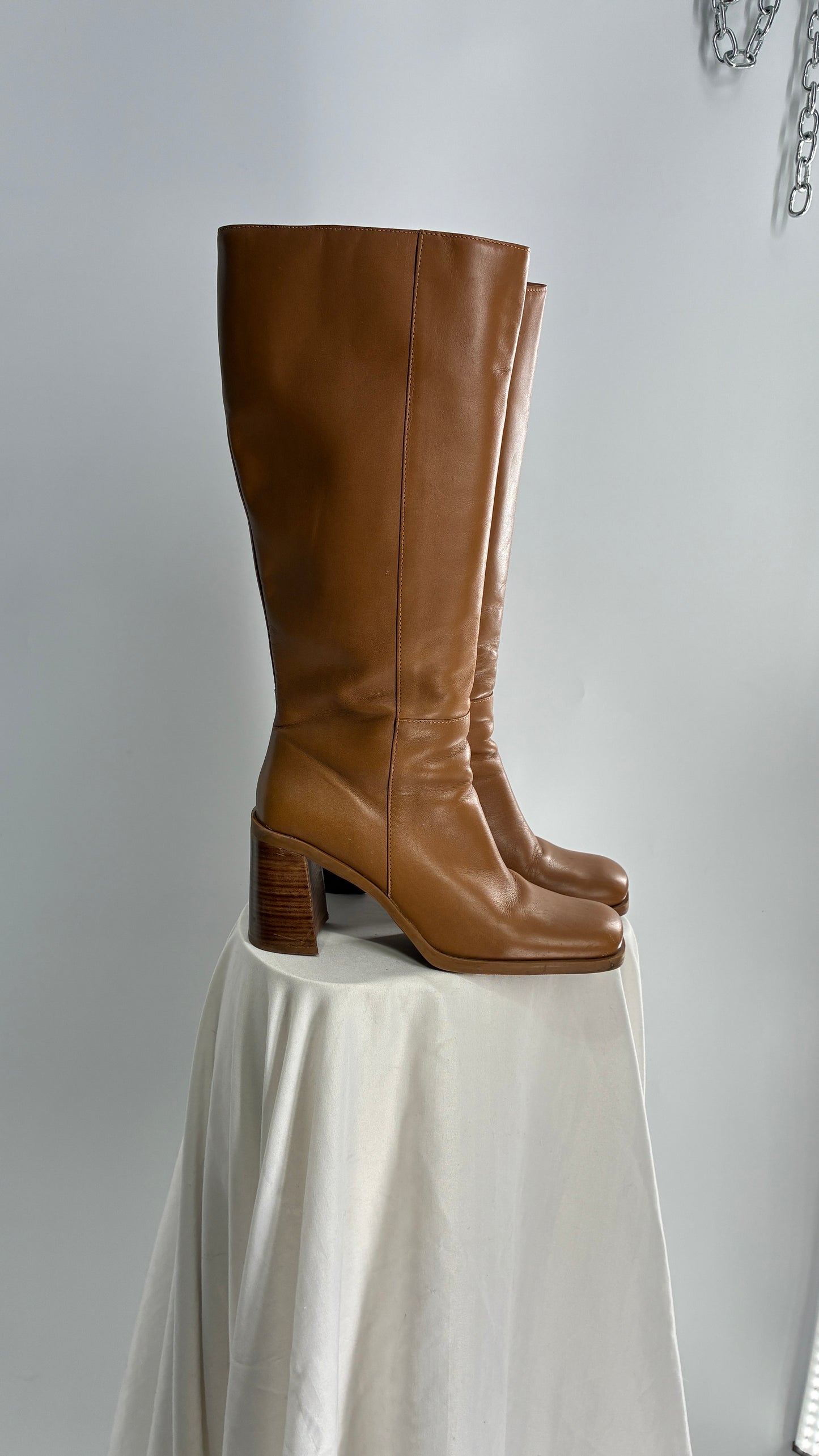 Vintage Strive Genuine Leather Square Toe Knee High Boots with Chunky Block Heel Made in Uruguay (9.5)