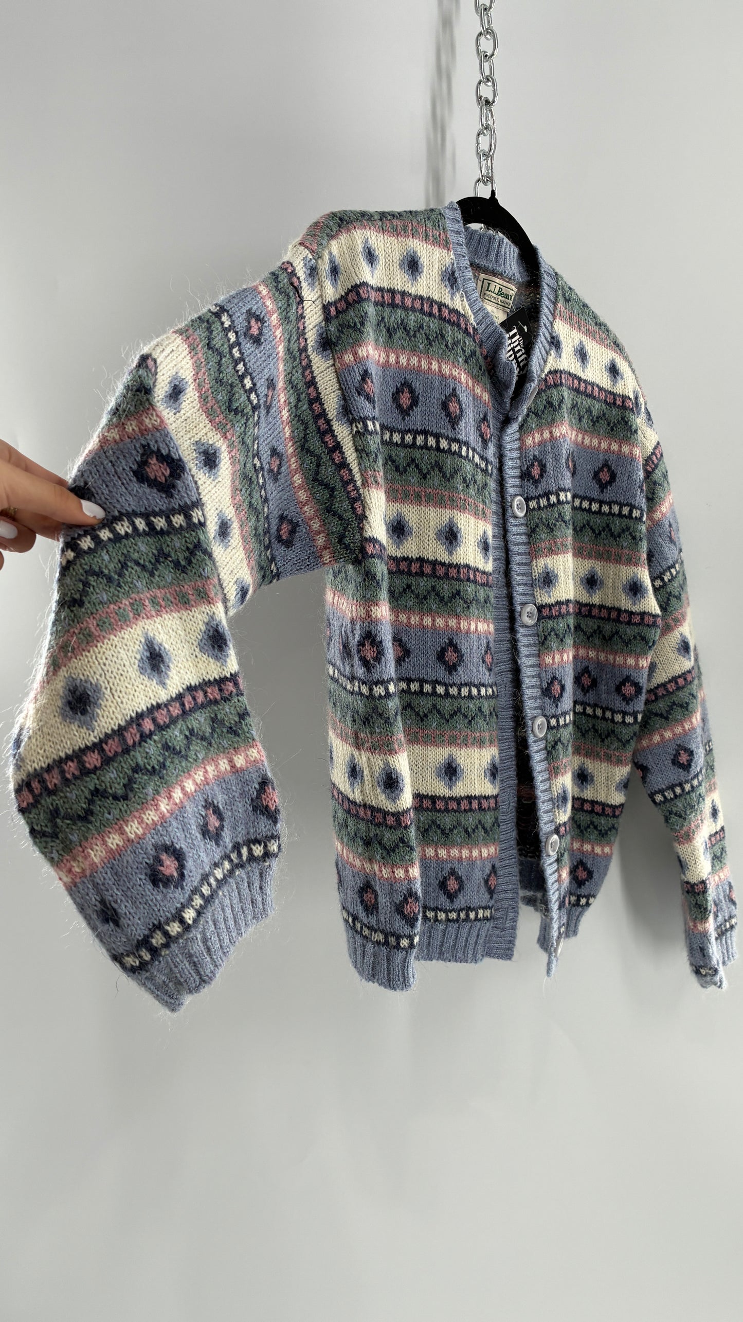 Vintage LL Bean 25% Mohair Striped Knit Blue Green Pink Cardigan (XL)