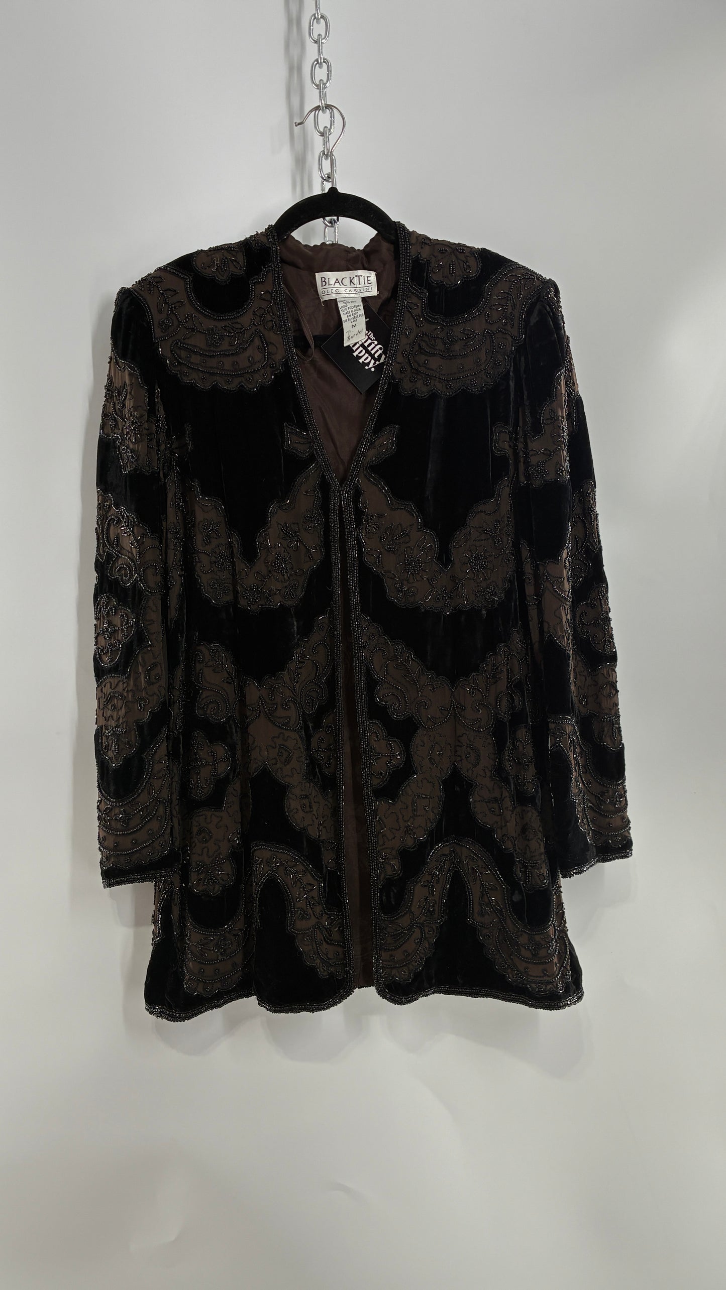 Vintage OLEG CASINI 100% Silk Velour Heavily Beaded Coat (Medium)