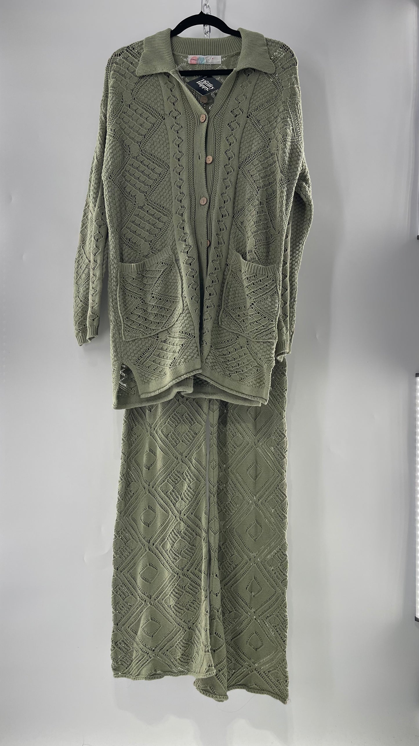 Free People Beach Sage Green Crochet Wooden Button Front Cardigan and Wide Leg Set (Medium)