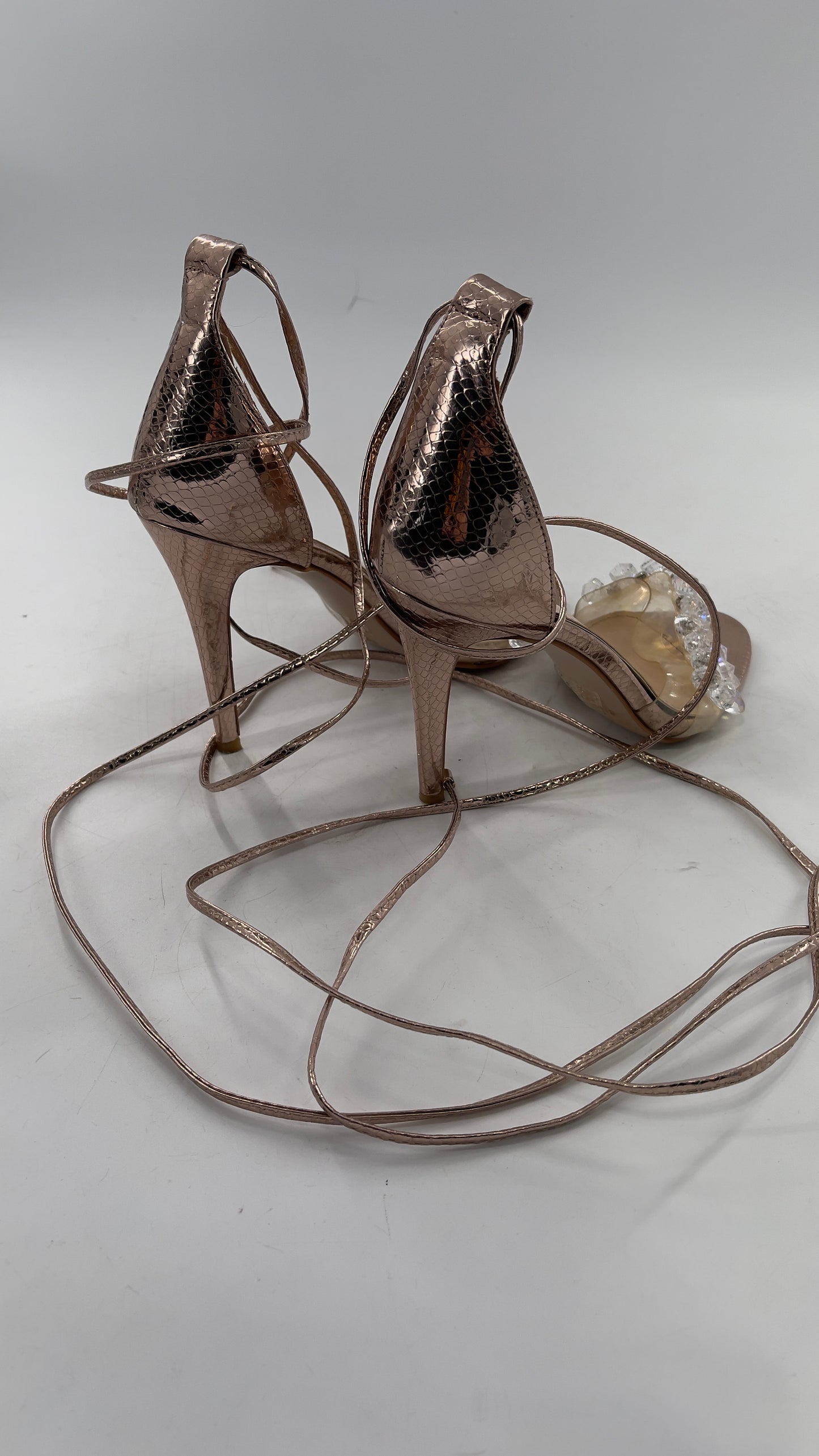 SIMMI LONDON Rose Gold Textured Heels with Clear Toe Strap Covered in Rhinestones/ Crystal Pendants and Tie Up Ankle Straps (7)