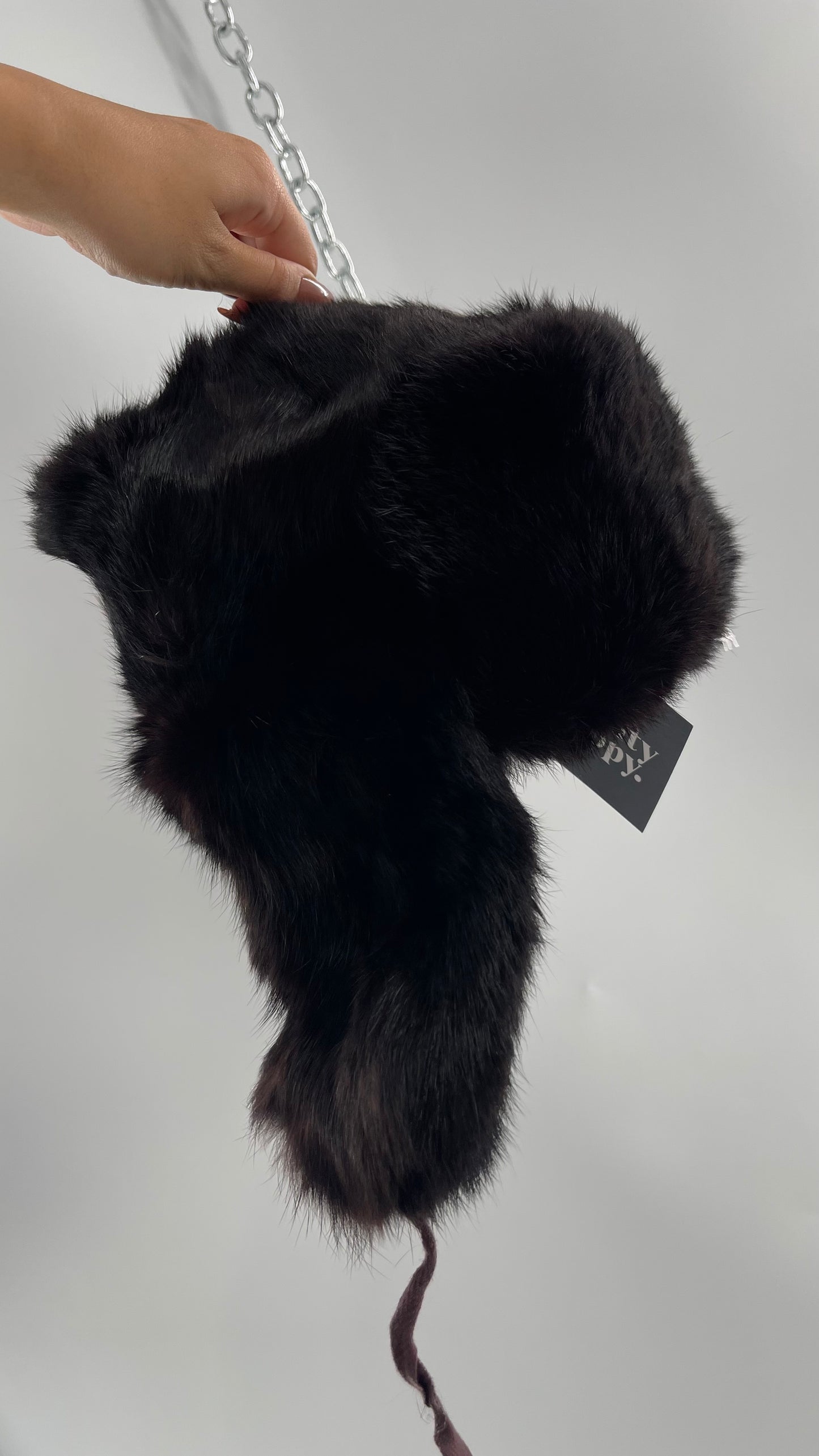 Vintage Russian Black Genuine Rabbit Fur Roller Hat with Pull Down Ear Muff Flaps
