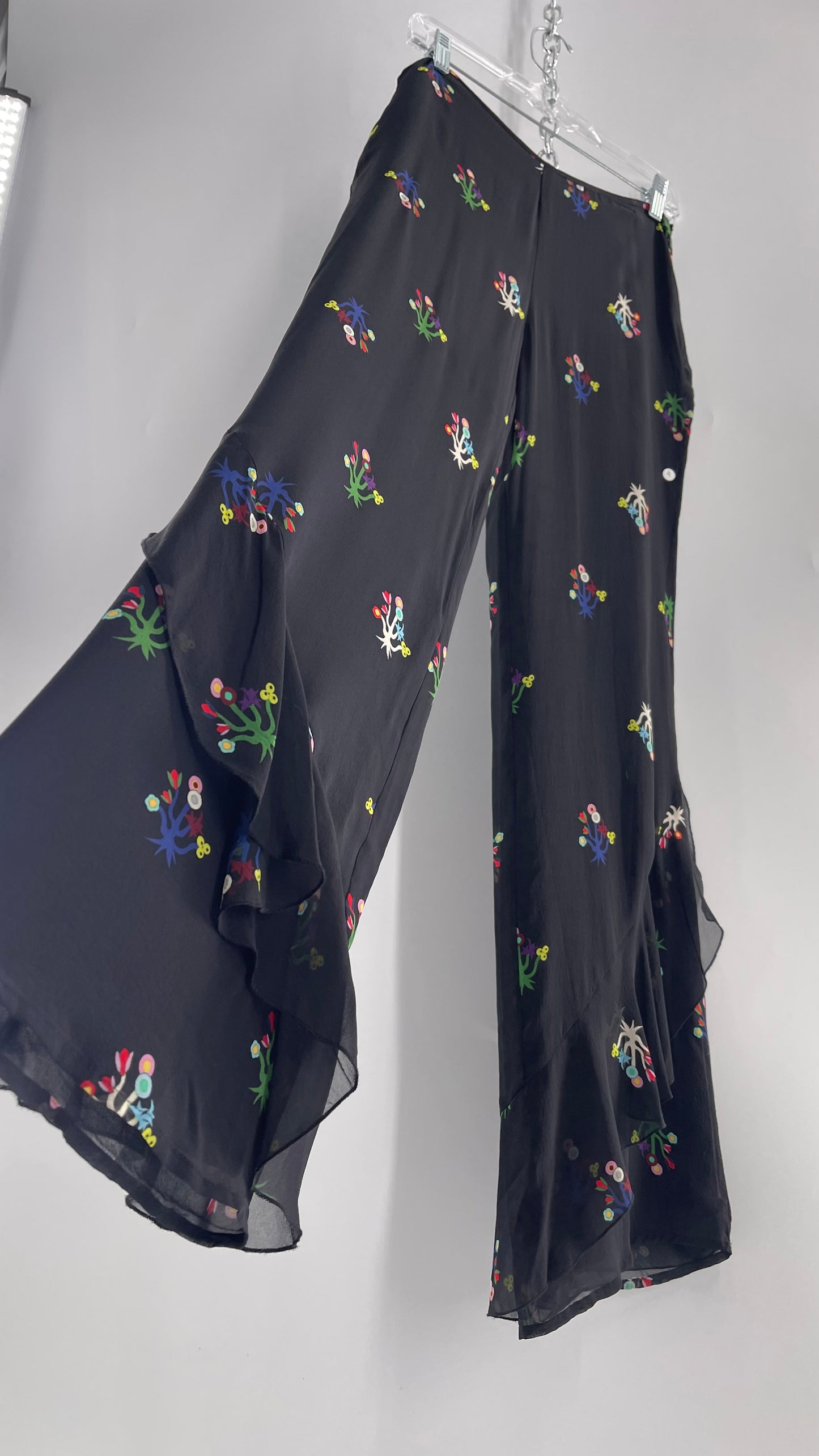 Cynthia Rowley Black Flared Pants with Colorful Abstract Florals, Dual Lining and Ruffle Trim (4)