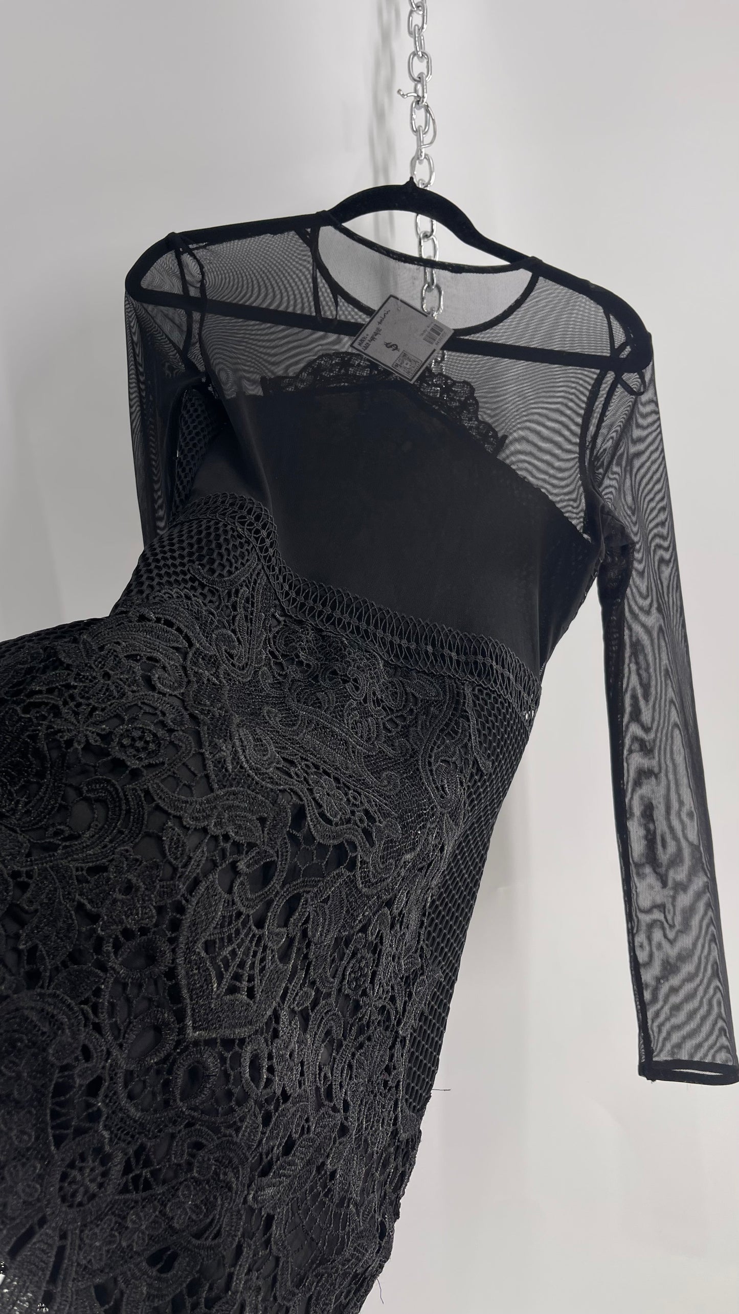 Mesh + Thick Lace Appliqué Mini Dress with Sheer Open Back (Small)