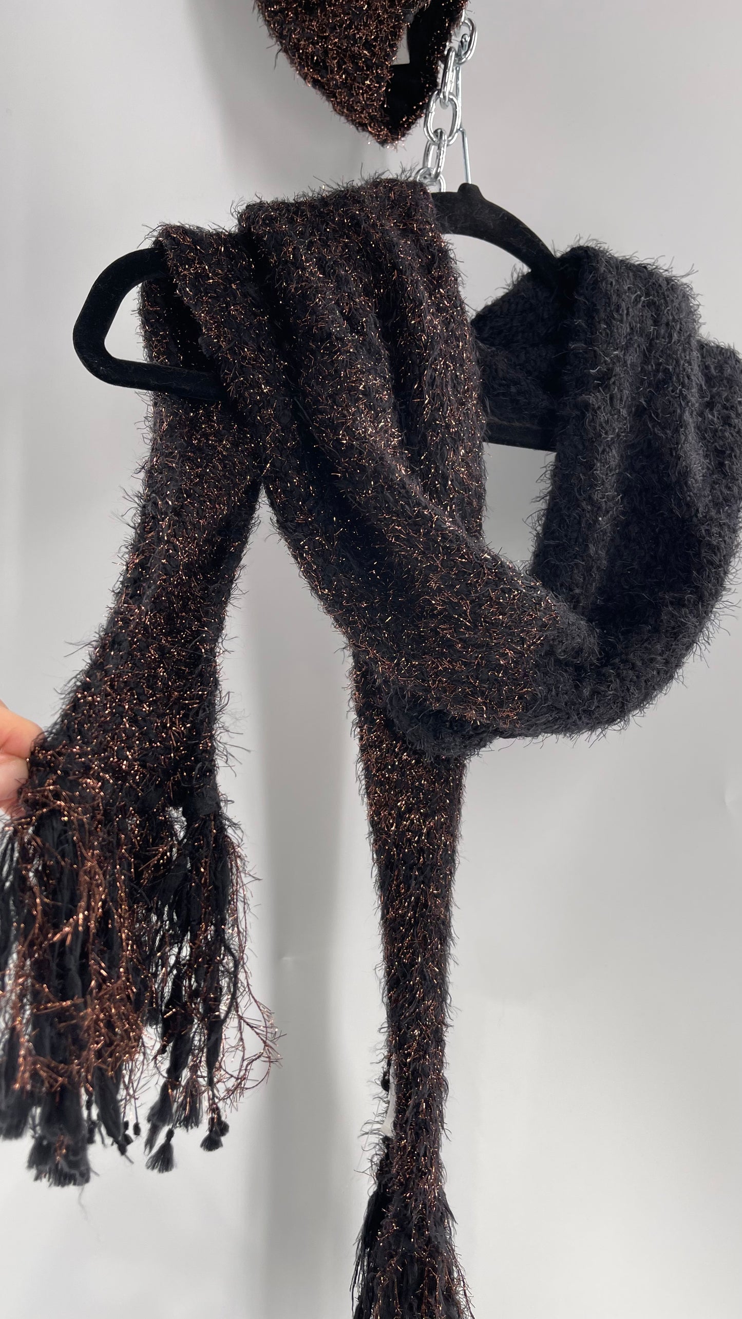 Anthropologie Bronze Tinsel Black Knit Beanie and Skinny Pom Scarf 2pc Set with Tags Attached