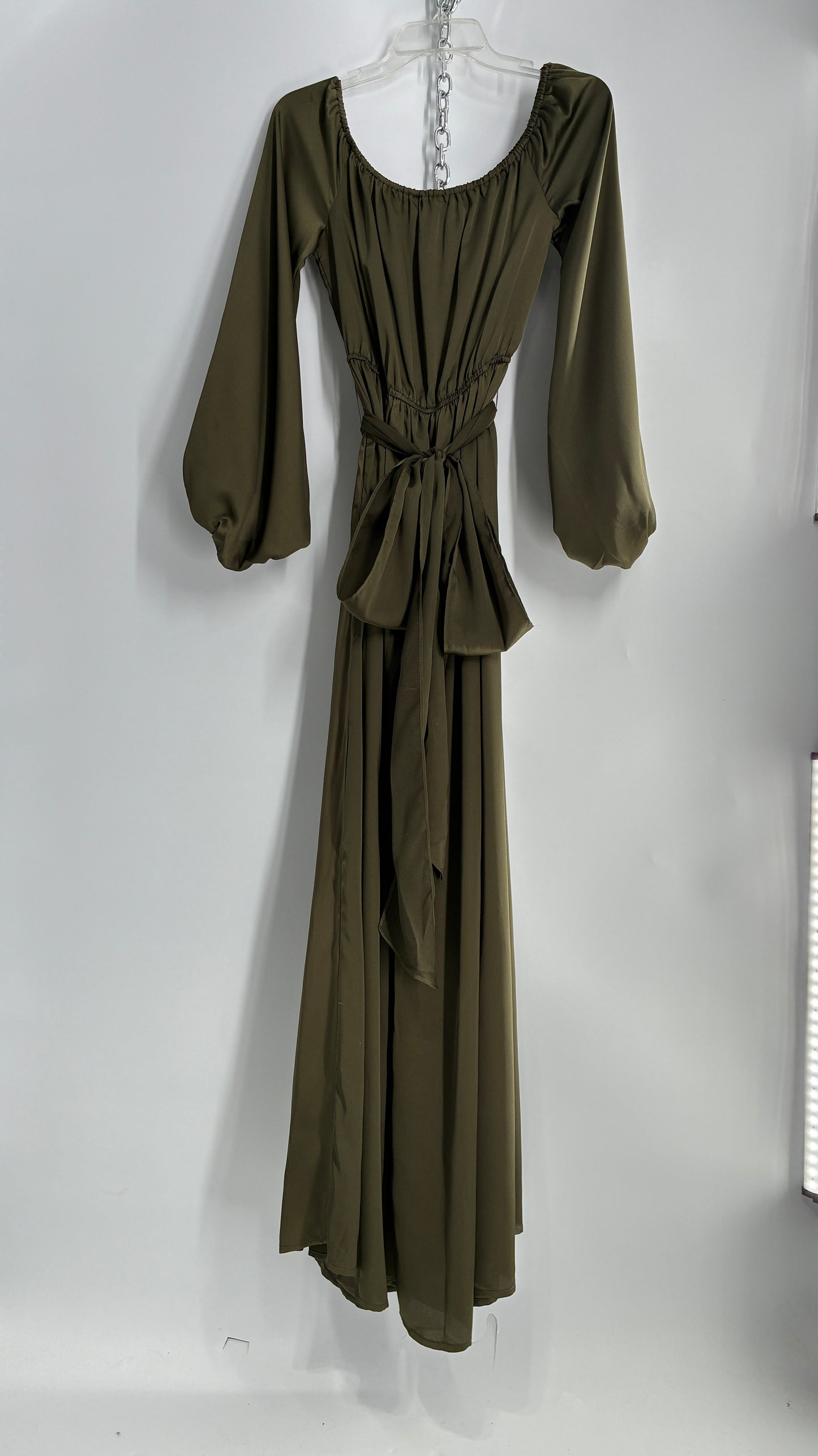 Dress Day Army Green Silky Balloon Sleeve Full Length Gown with Slit and Tags Attached (Medium)