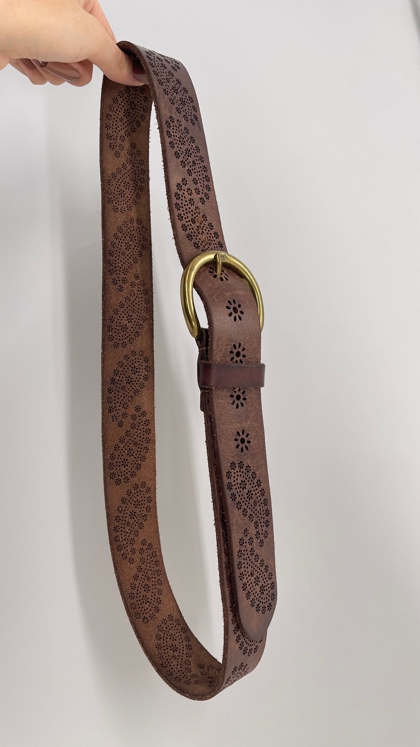 Vintage Lucky Brand Brown Leather Perforated Paisley Belt (Medium)