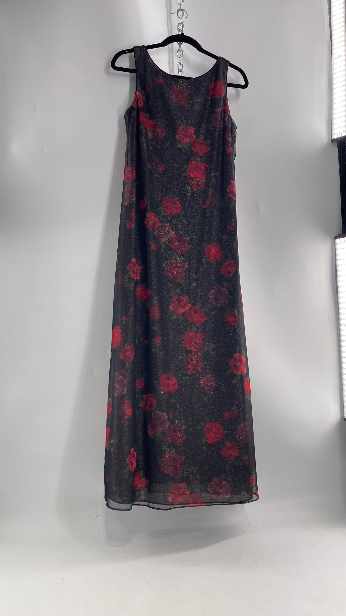 Vintage TEDDI EVENING Dress with Red Rose Layer Over Glitter Graphic and Black Base Layer (10)