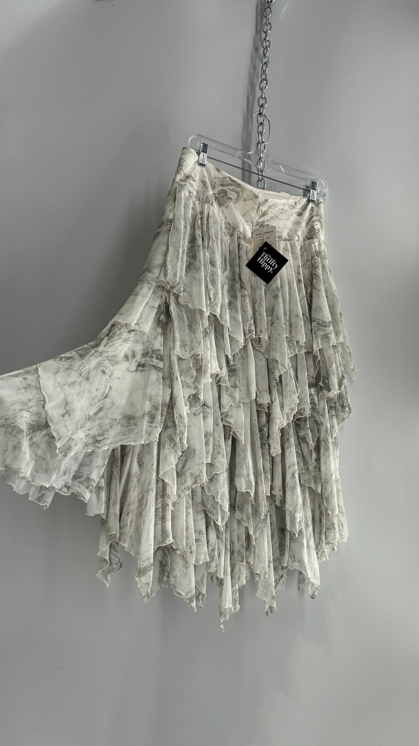 Free People Layered, Tiered Voluminous White and Grey Watercolor Full Skirt with Tags Attached (4)