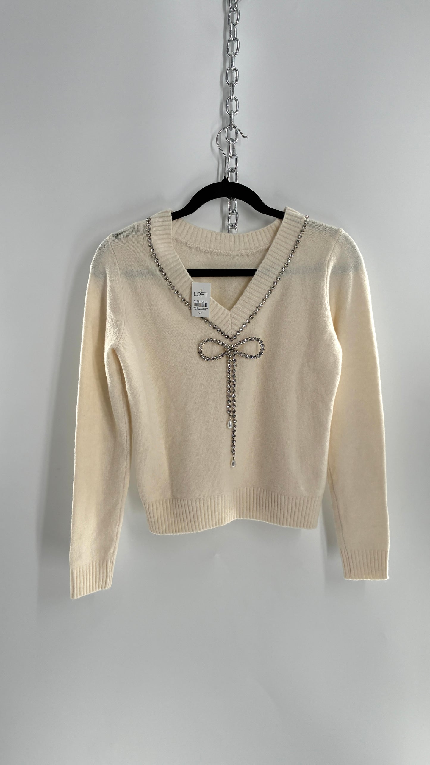 LOFT Cream Reversible Sweater with Rhinestone and Pearl Bow Detail + Tags Attached (XS)