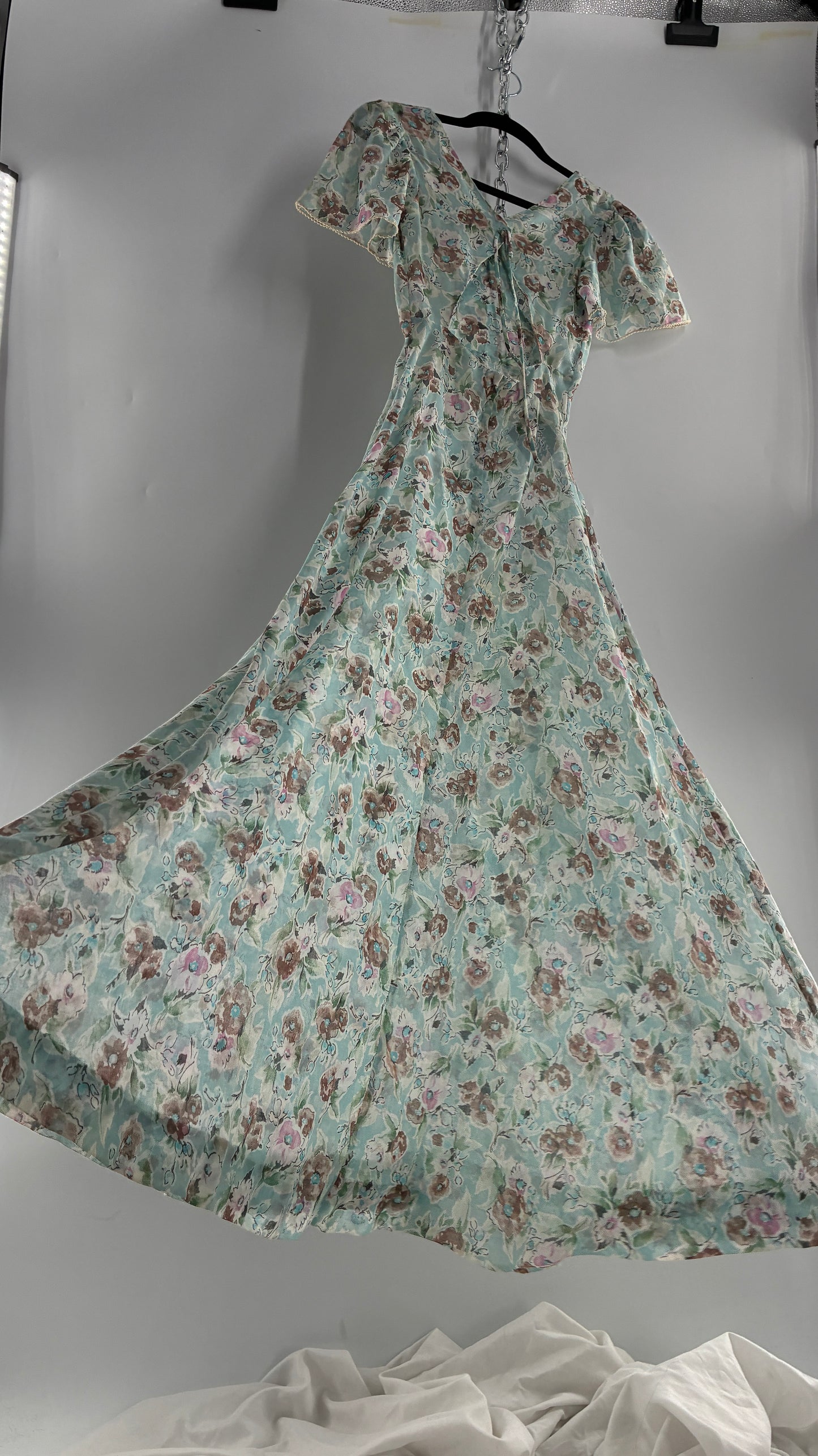Handmade Vintage PLAIN JANE 1970s Voluminous Floral Gown with Bust Detail and Open Back (XS)