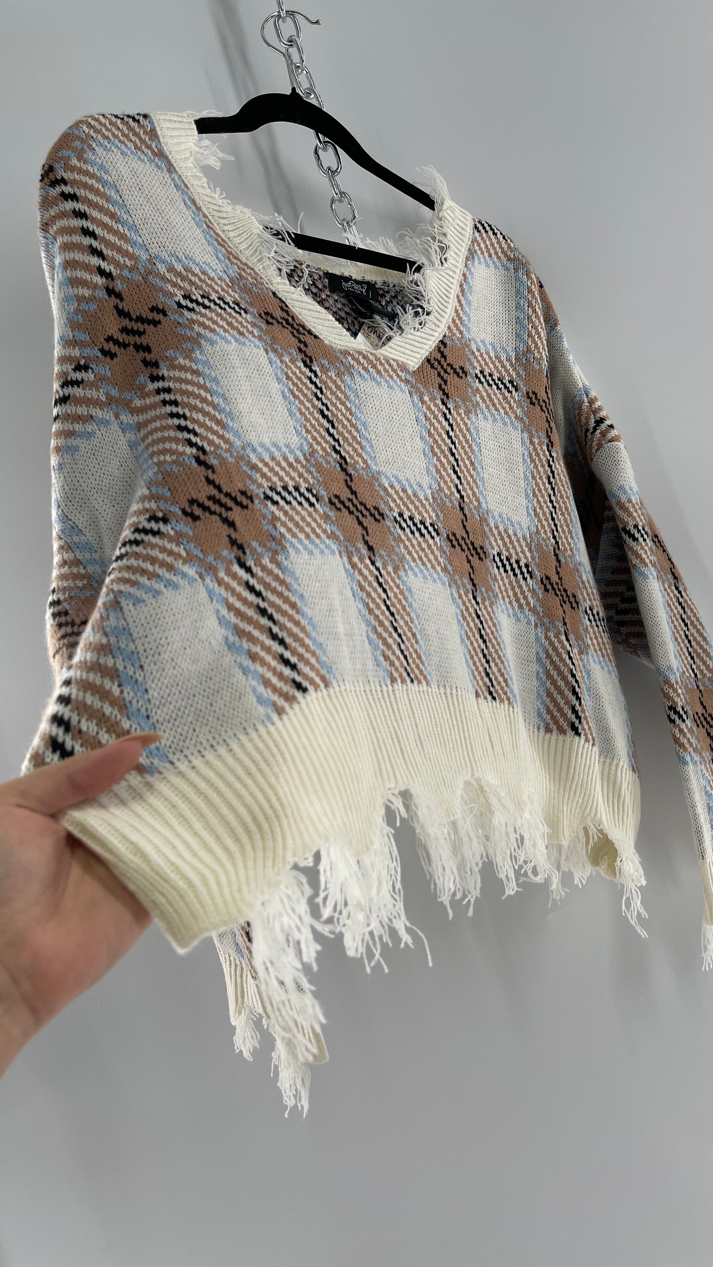 Fashion Nova Plaid Powder Blue/Tan Distressed Sweater