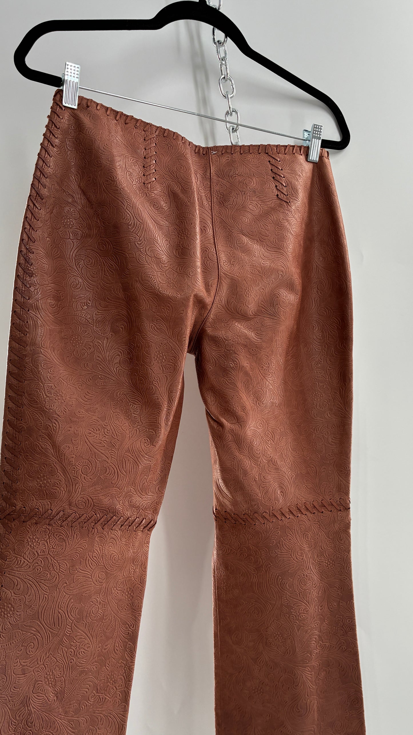 Vintage Embossed Paisley Patterned Genuine Leather Pants with Stitching Details (No Label Unbranded, S)