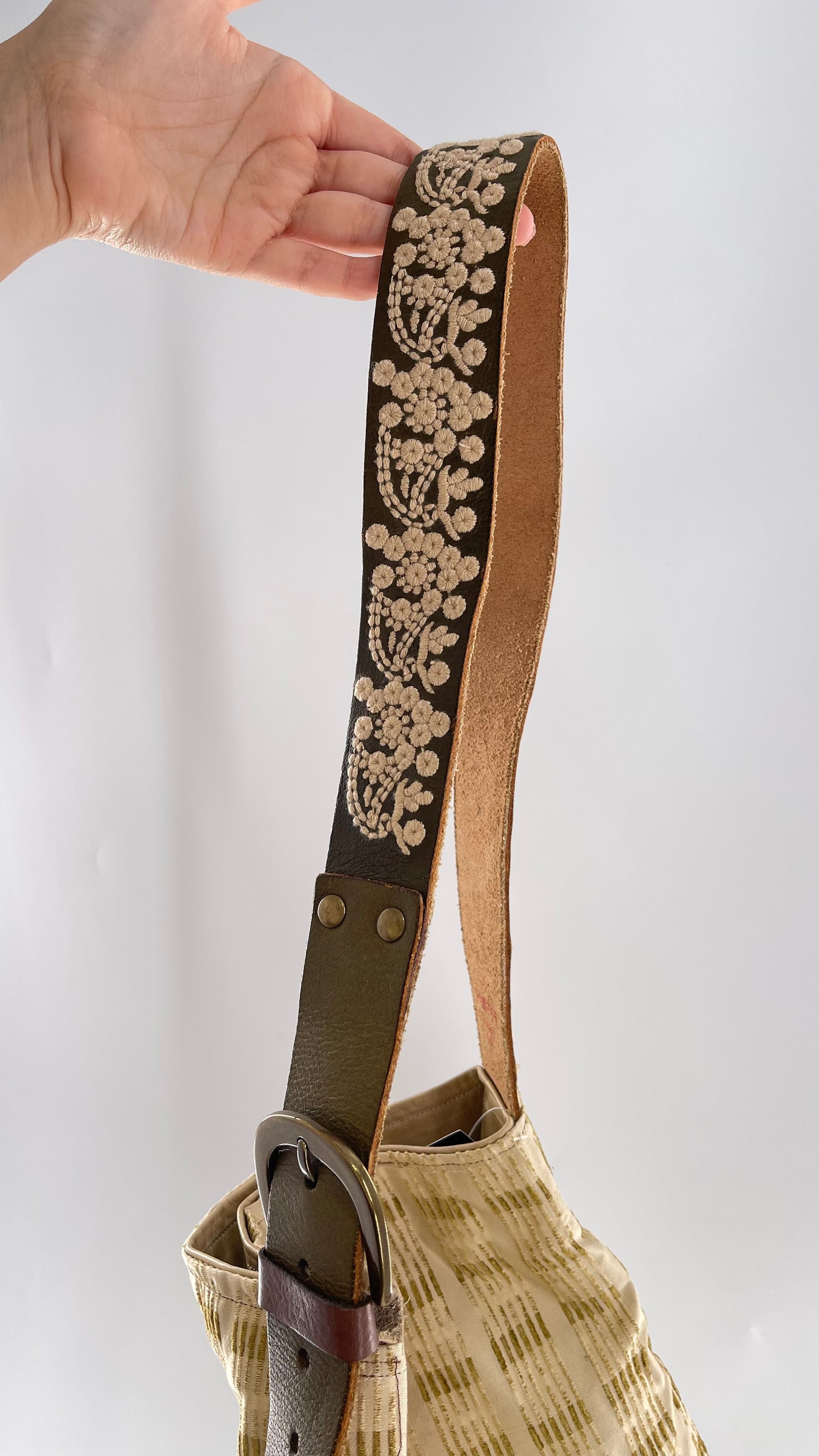 Tote with Embroidered Gold Exterior, Embroidered Leather Strap and Leather Interior - Shown Reversed