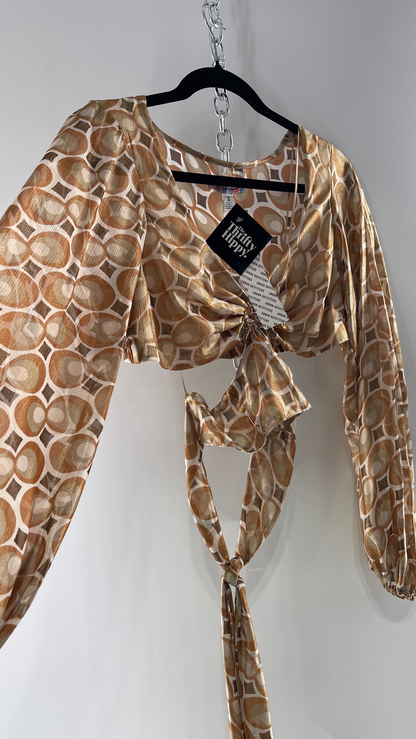 Urban Outfitters Shimmer Top Balloon Sleeve Gold Retro Print Cut Out Tie Around Blouse (Medium)