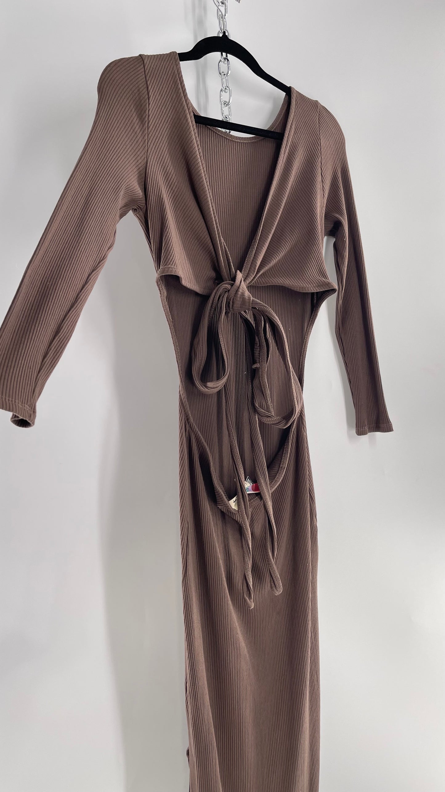 Free People Brown Ribbed Maxi Dress with Low Open Back and Dramatic Tie Detail (Large)