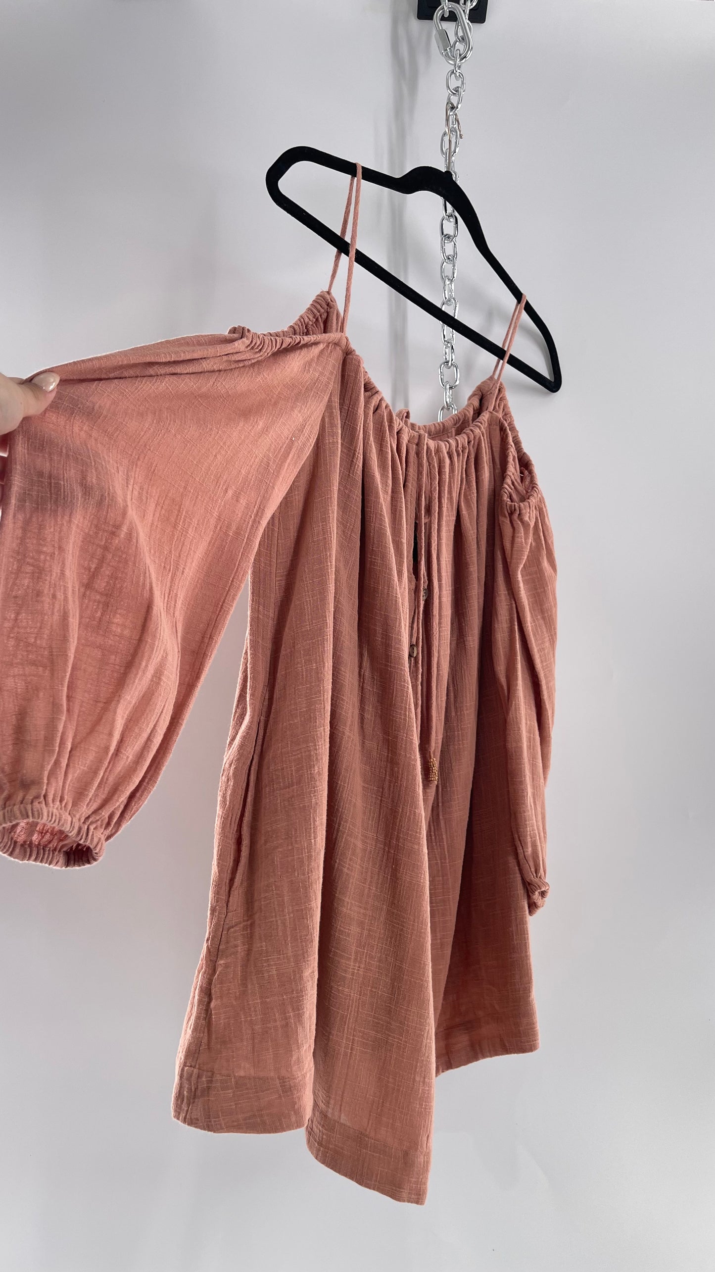 Free People Cotton Blush Pink Button Front Cold Shoulder Dress (Medium)