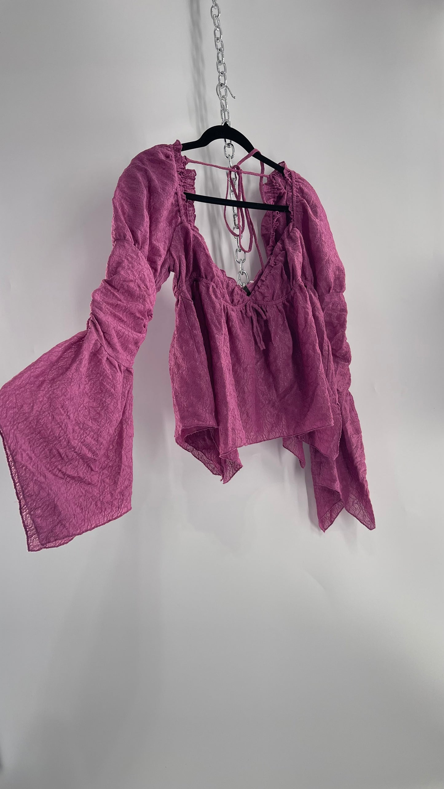 Urban Outfitters Purple Lace Blouse with Handkerchief Slit Hem, Princess Fairy Sleeves, Ruffle Trim Bust and Low Back (Large)