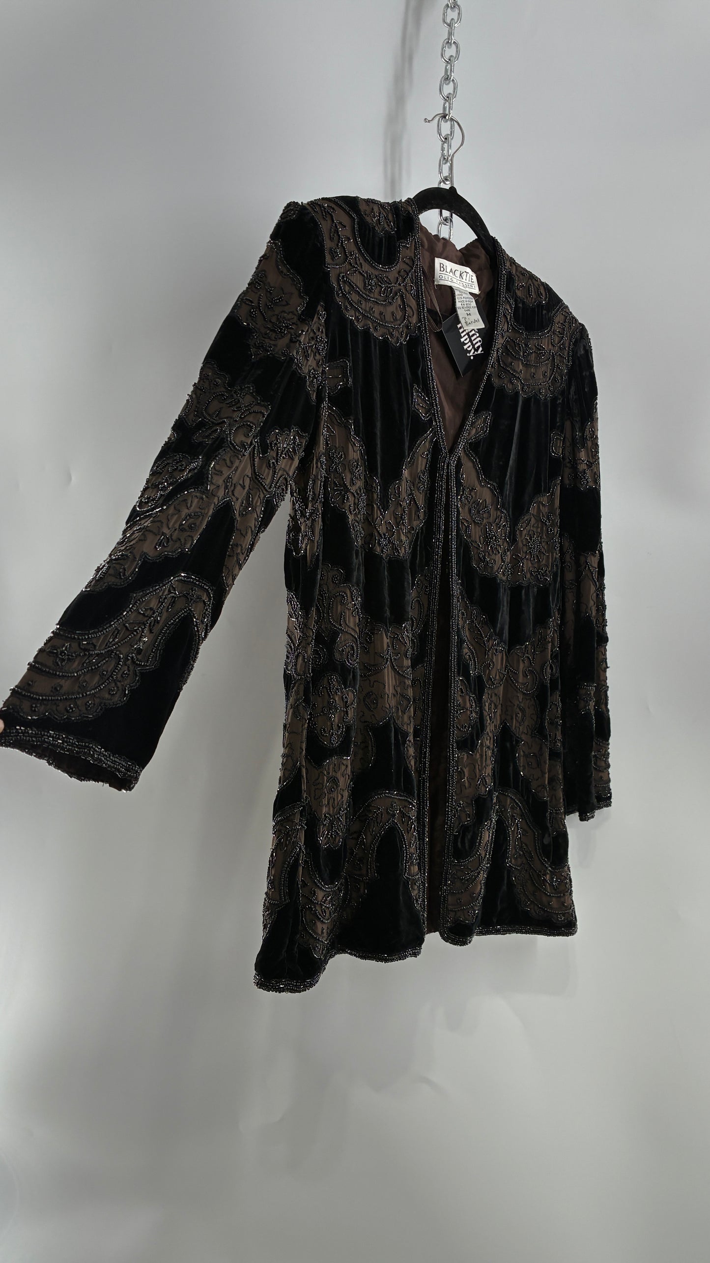 Vintage OLEG CASINI 100% Silk Velour Heavily Beaded Coat (Medium)