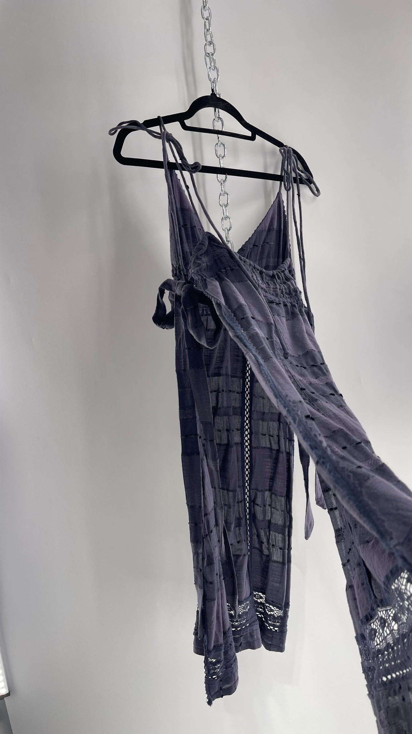 Free People Navy Blue Cotton Lace and Embroidered Open Tie Side Dress (M)