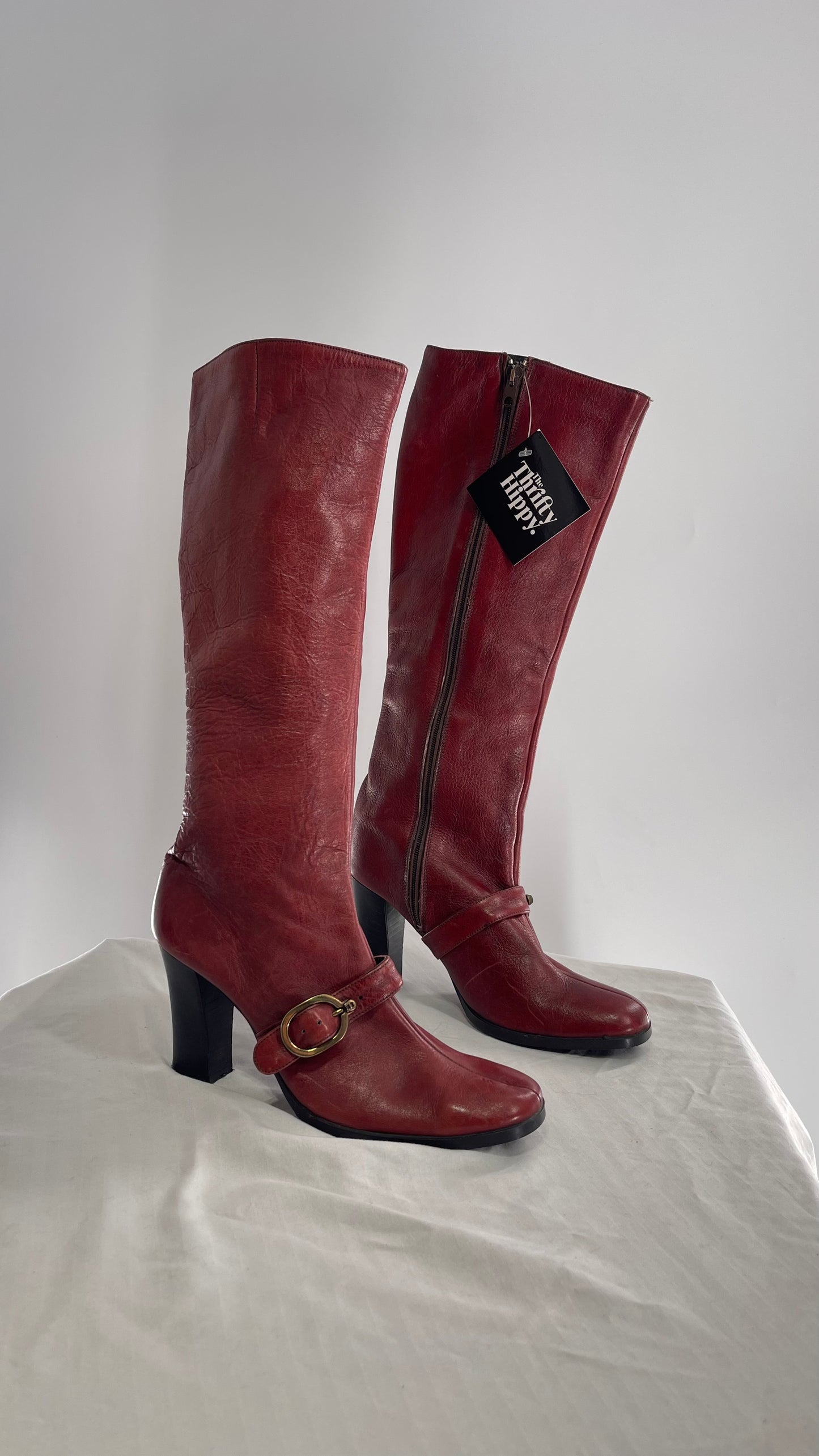 Vintage Etienne Aigner Red Italian Leather Boots with Buckle Strap (8.5)