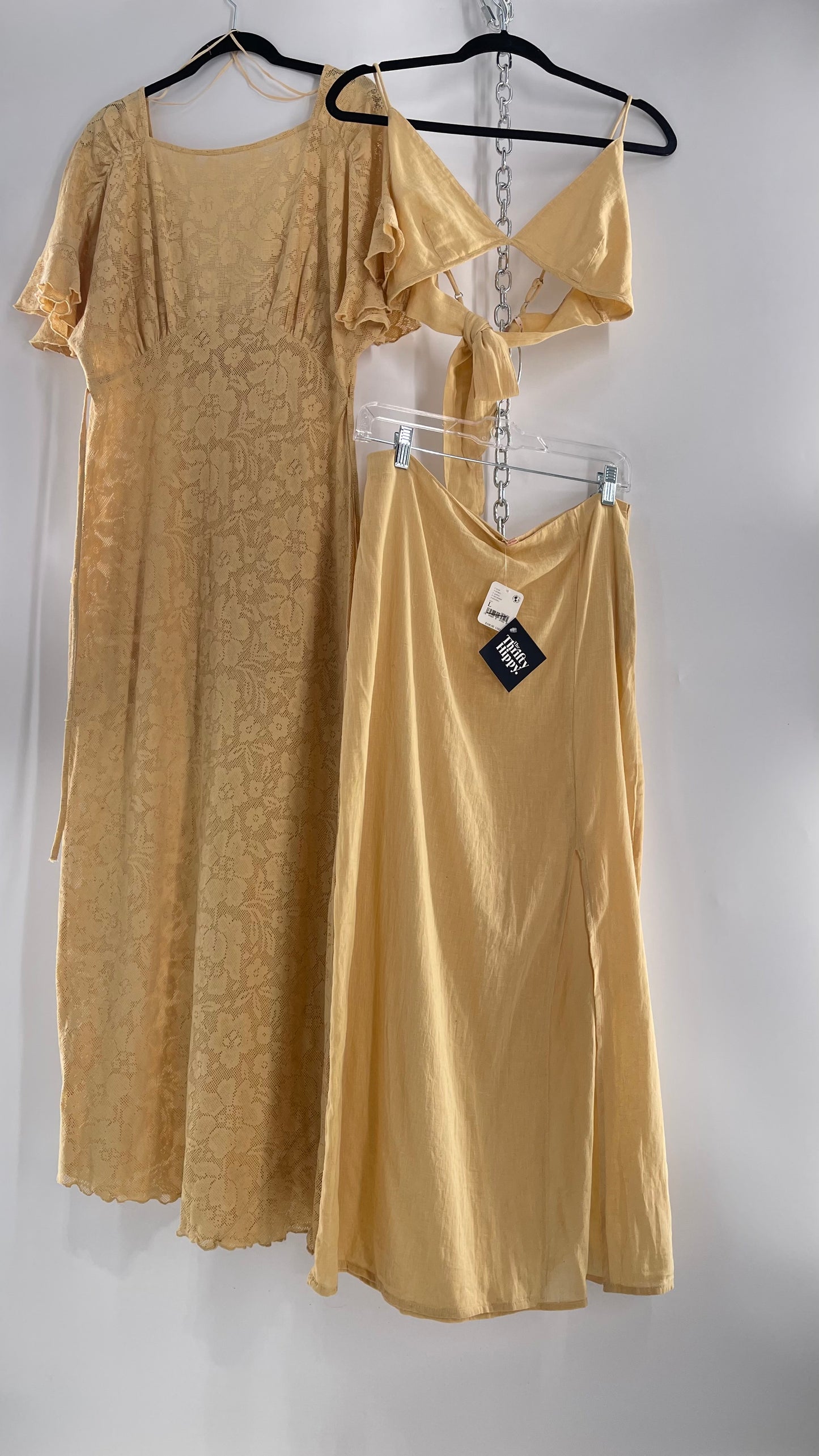 Free People Yellow Lace Gauze Maxi Dress Set with Bralette and Side Grommet Skirt (Large)
