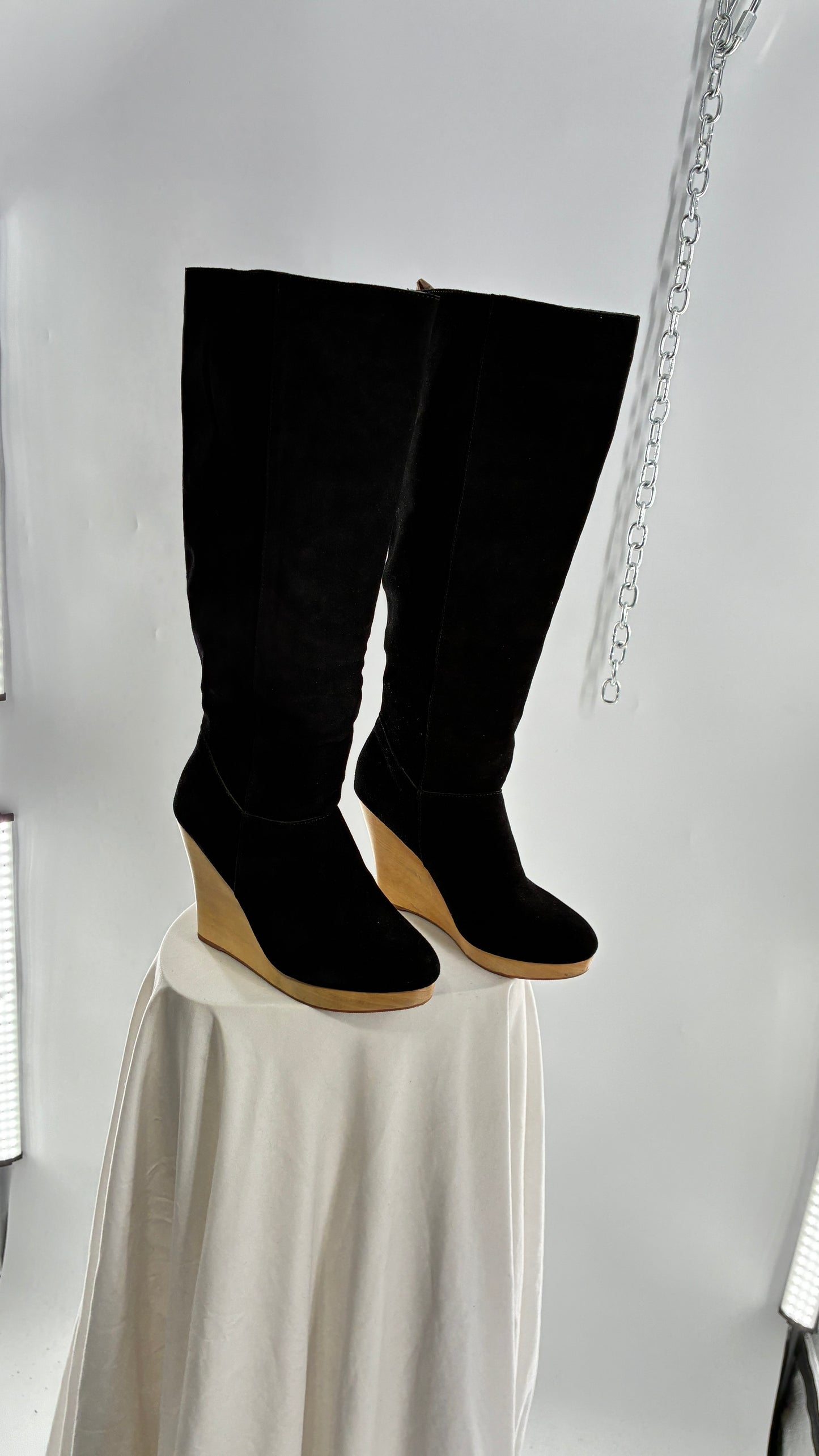 Vintage Black Genuine Suede Leather Knee High Boots with Skinny Wooden Wedge Heel (9)