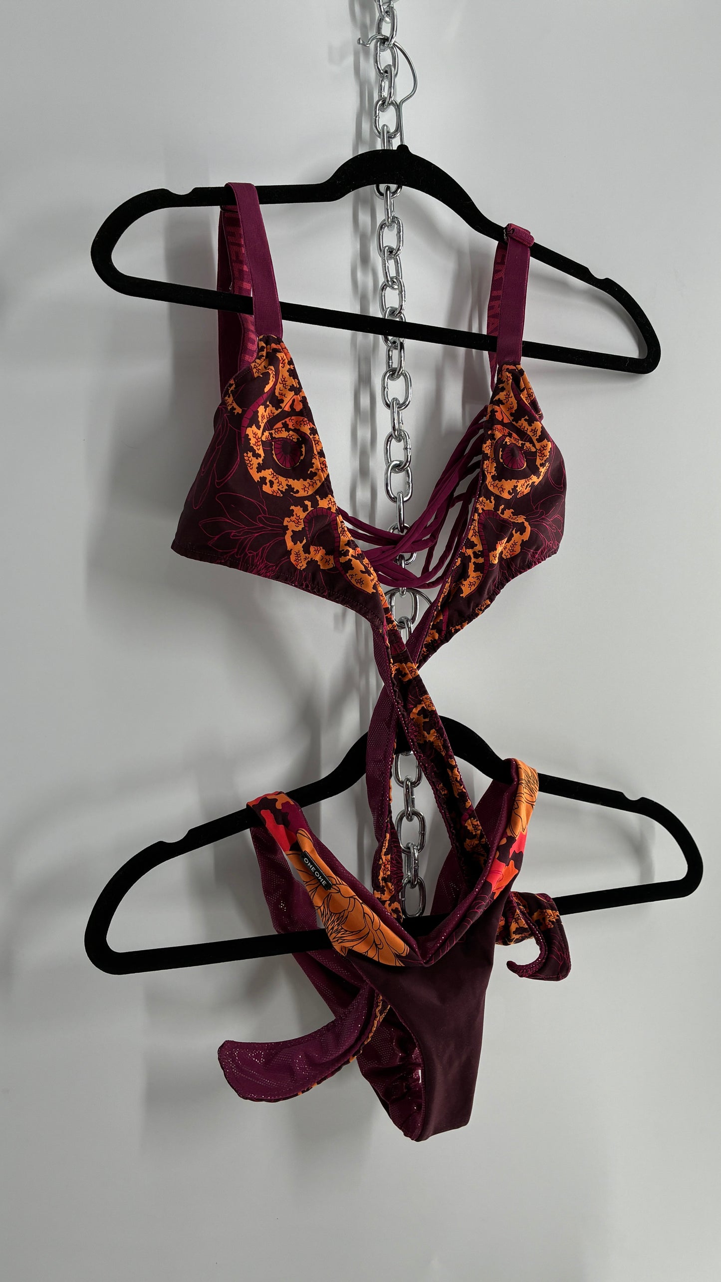Vintage ONEONE Reversible Dragon, Sequin Ruched Tanga, Tie Around Swim Suit (Small)