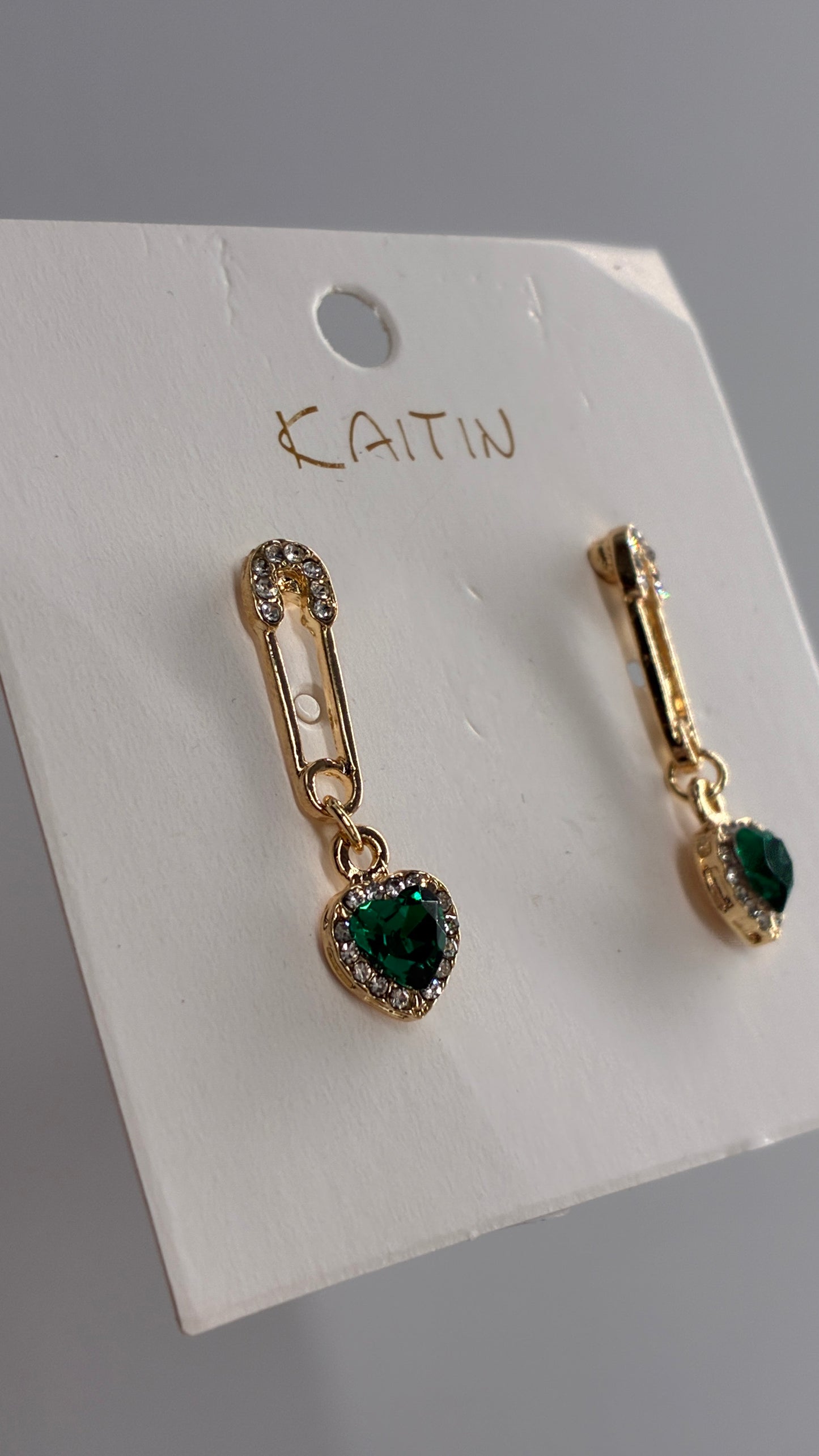 Gold Safety Pin Earring with Green Heart Stone Pendent