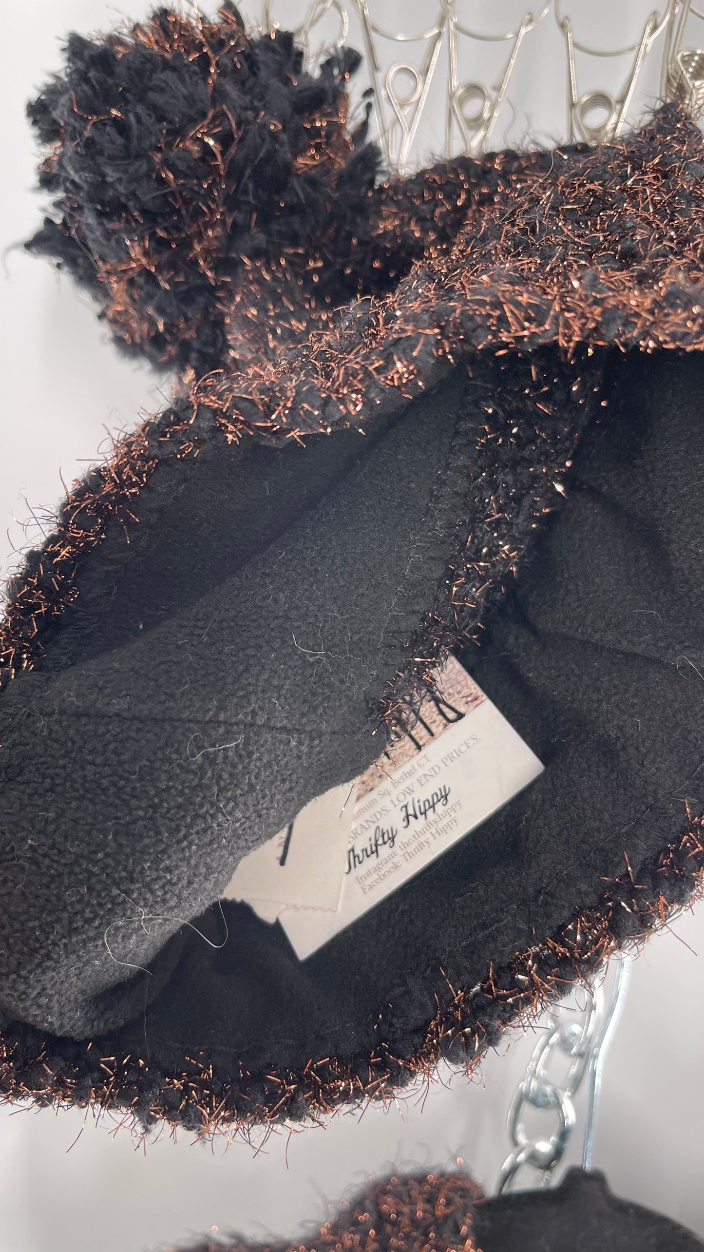 Anthropologie Bronze Tinsel Black Knit Beanie and Skinny Pom Scarf 2pc Set with Tags Attached