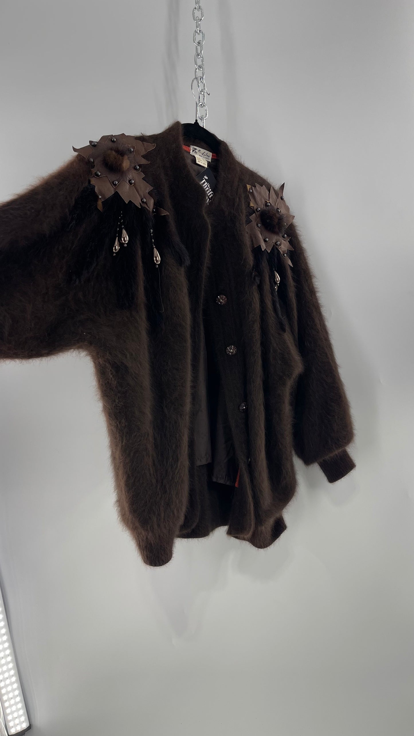 Liho Korean Vintage Brown Cardigan with Leather, Fur and Beaded Detailing 15% Wool 75% Angora  (C)(Medium)