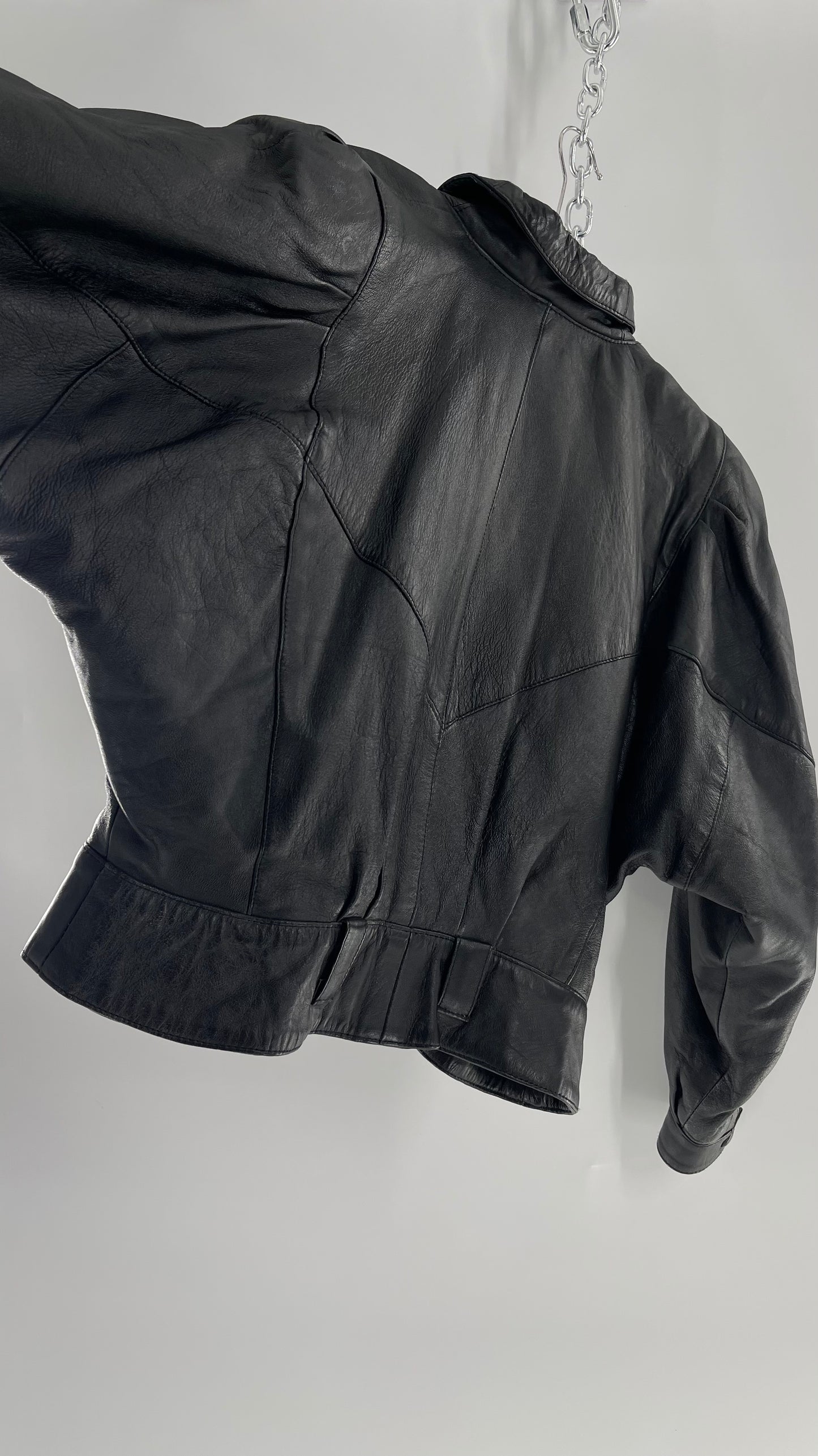 Vintage Black Leather Cropped Motorcycle Jacket (Medium)