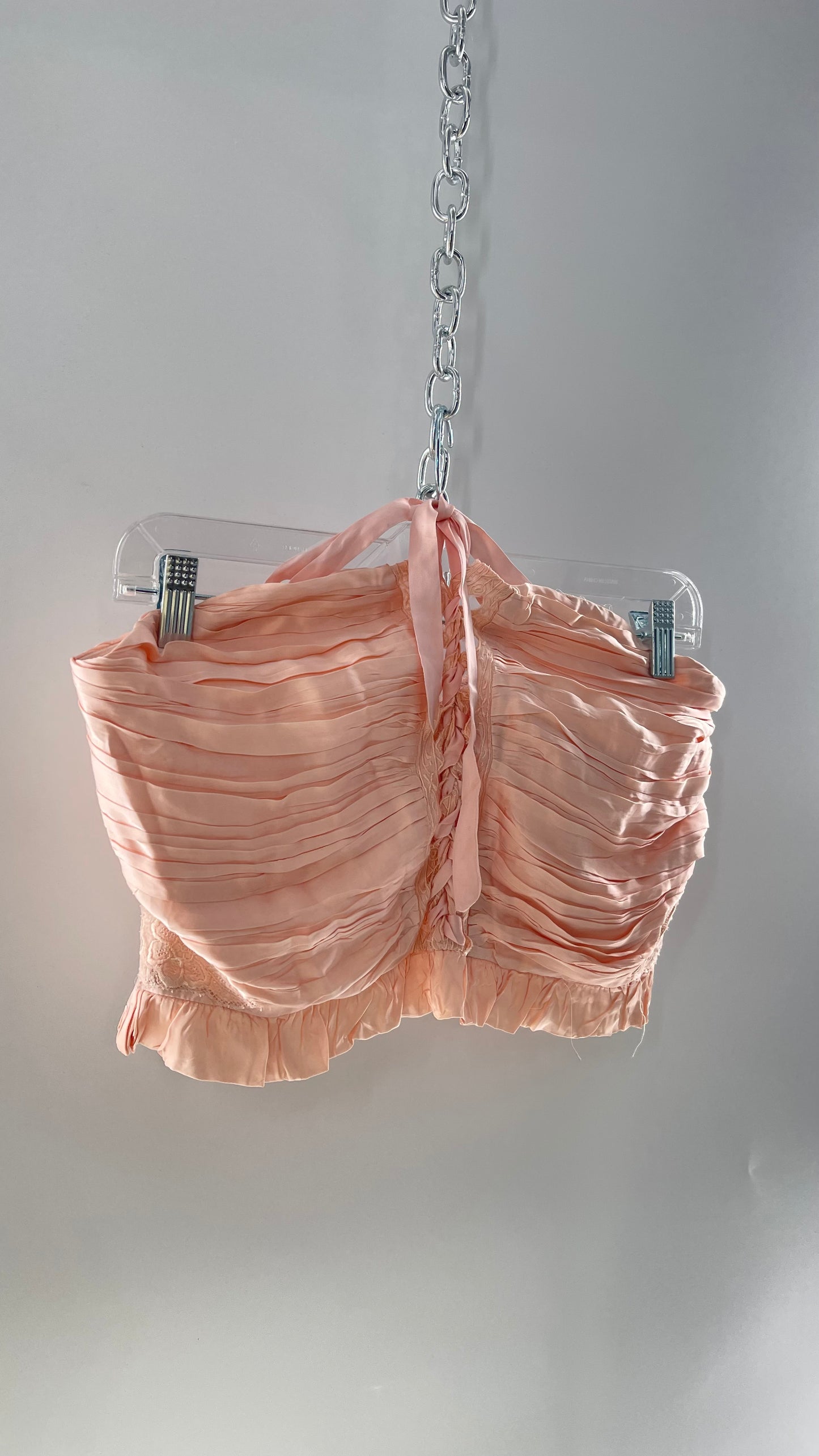Free People Pink Viscose Pleated Tube Top with Ribbon Lace Up Bodice, Embroidered Flower Detail, and Ruffled Hem (Large)