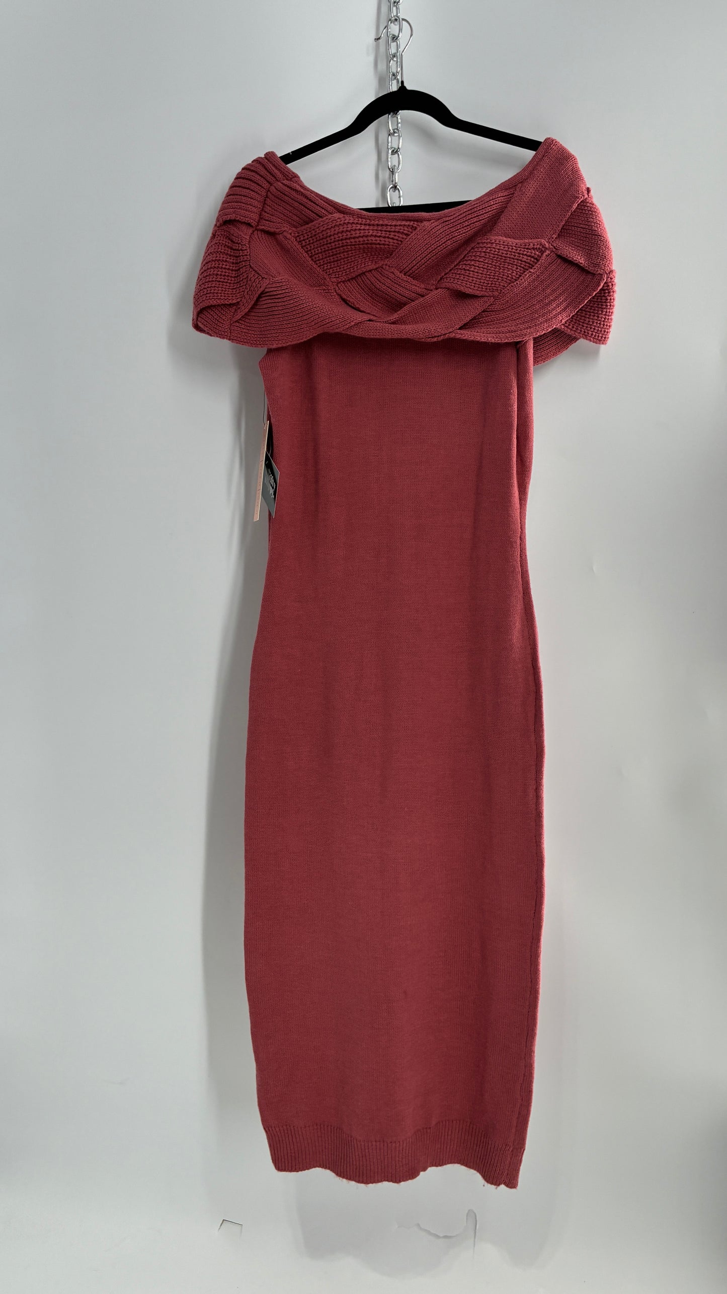 Vintage ALMOST FAMOUS Rosy Mauve Knit Dress with Woven Braided Off the Shoulder Detail and Tags Attached (Large)