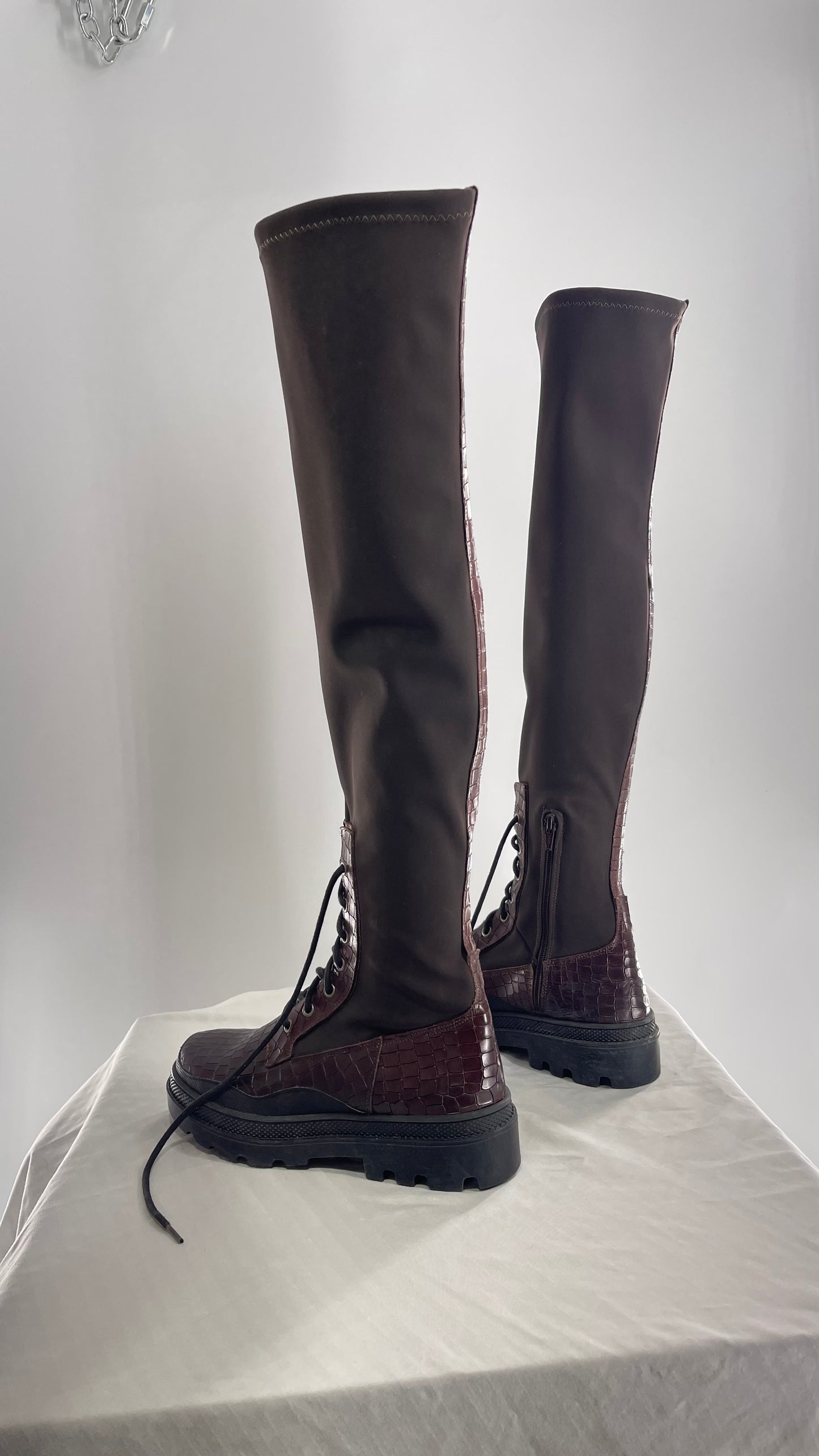 Free People Dark Brown Riding Style Embossed Knee High Platform Boots (39)