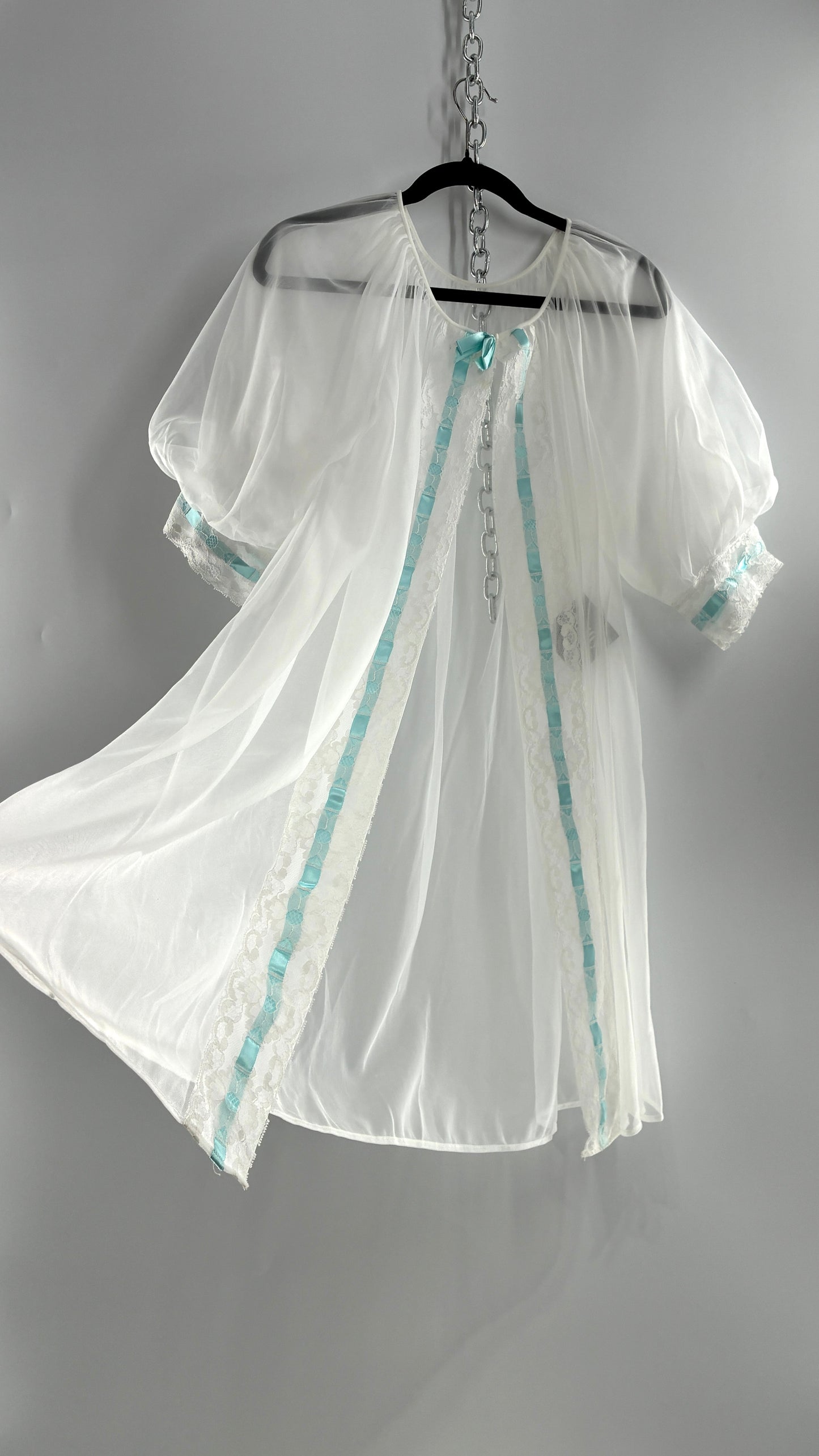 Vintage White Tulle Dress Cape with Oversized Puff Sleeves, Lined with Lace and Baby Blue Ribbon Trim (Medium)