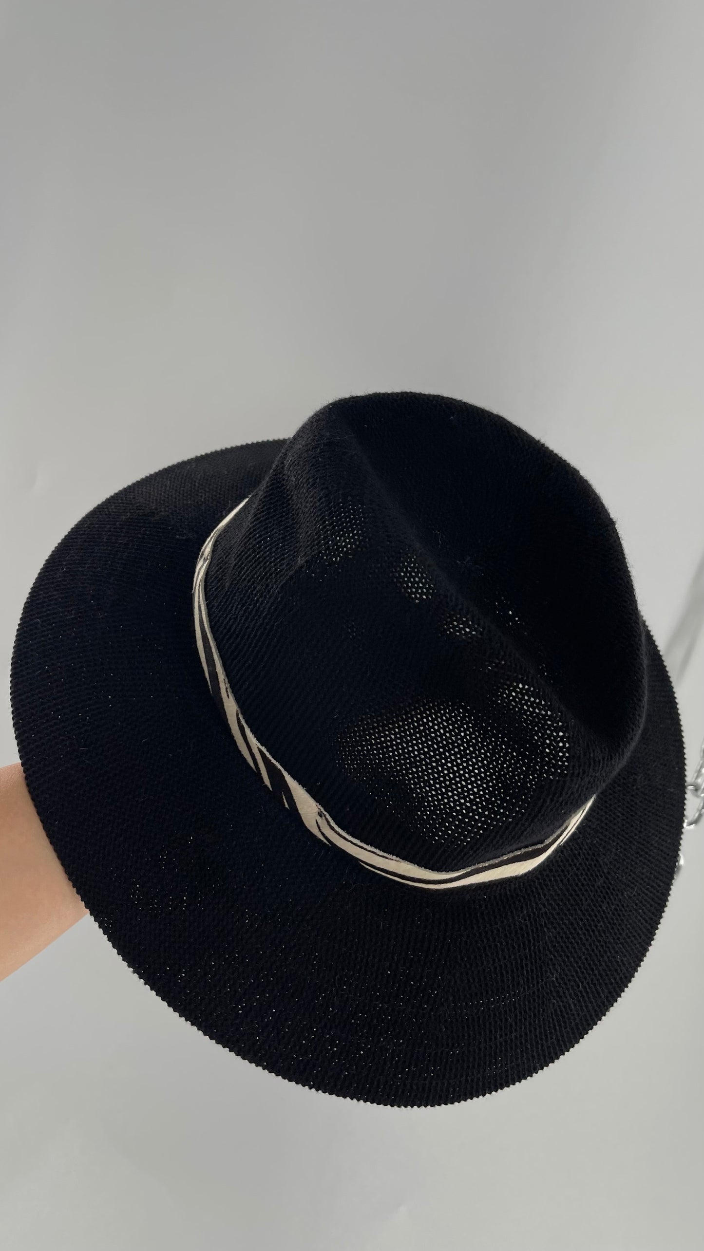 Free People Black 55% Cotton Woven Sun Hat with Textured Fur Belt