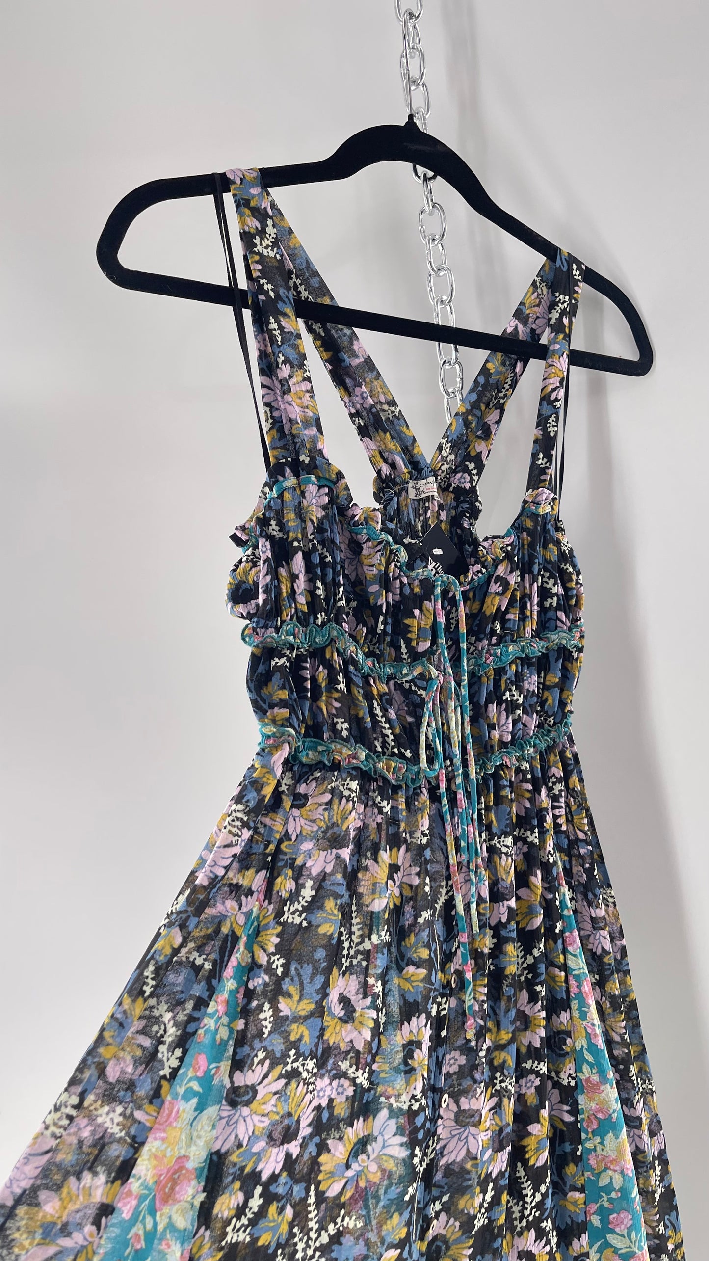 Intimately Free People Black and Teal Mixed Pattern Floral Maxi Dress with Tags Attached (XS)