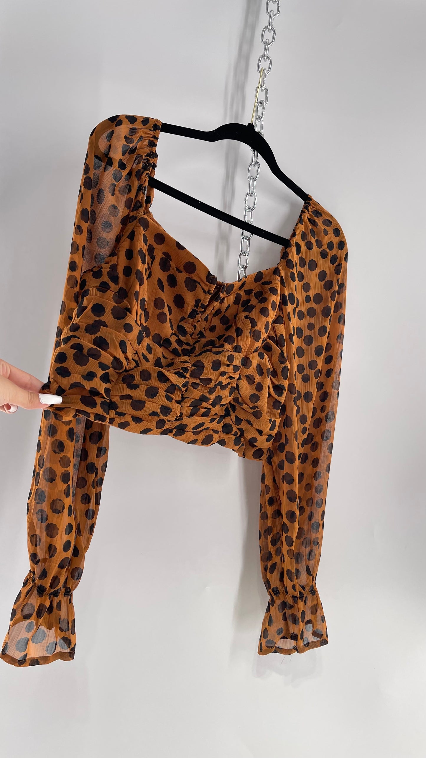 Free People Brown Black Animal Print Blouse with Ruched Bodice and Tags Attached (Large)