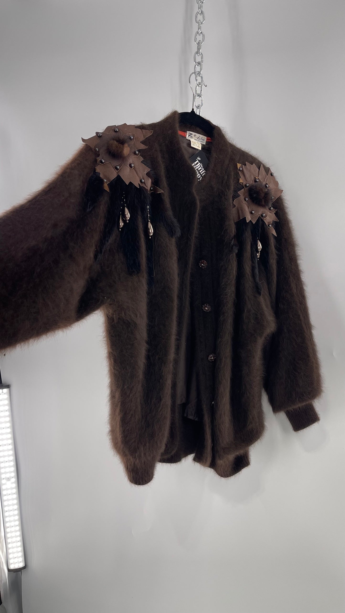 Liho Korean Vintage Brown Cardigan with Leather, Fur and Beaded Detailing 15% Wool 75% Angora  (C)(Medium)