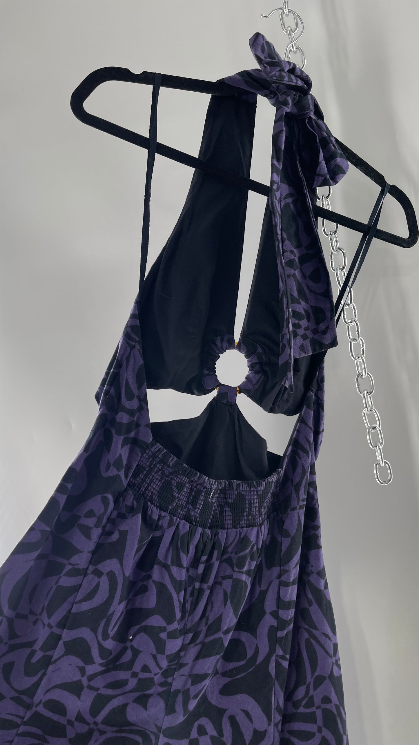 Free People Kira Retro Black and Purple Wide Leg Halter Jumpsuit with Tortoise Bust Loop (XS)