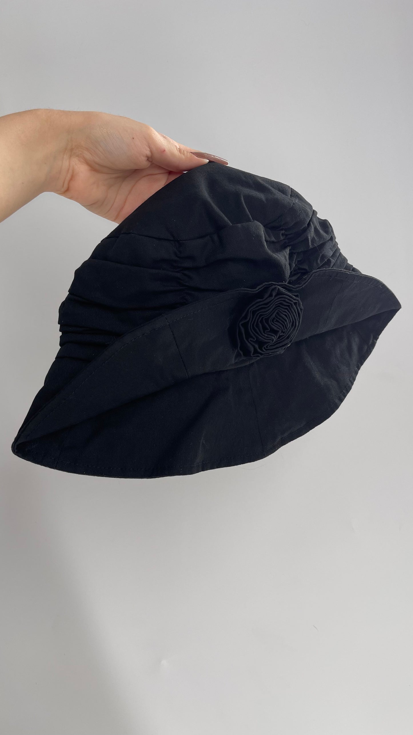 Black Pleated Sunhat with Rosette Detail