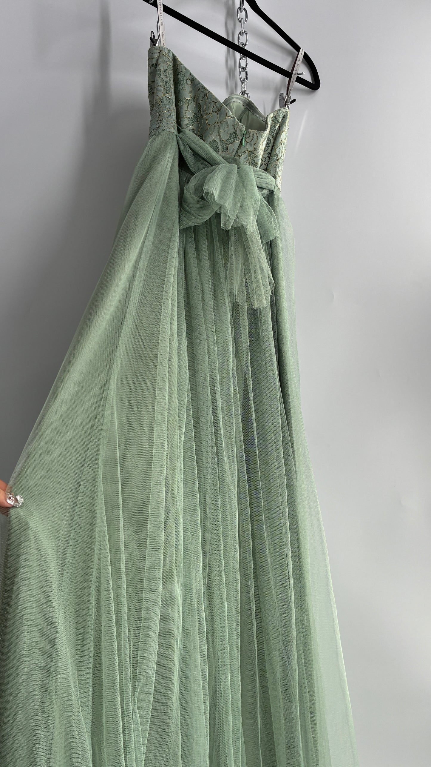 Jenny Yoo Seafoam Green Tulle Full Length Dress with Lace Corset Bodice (8)