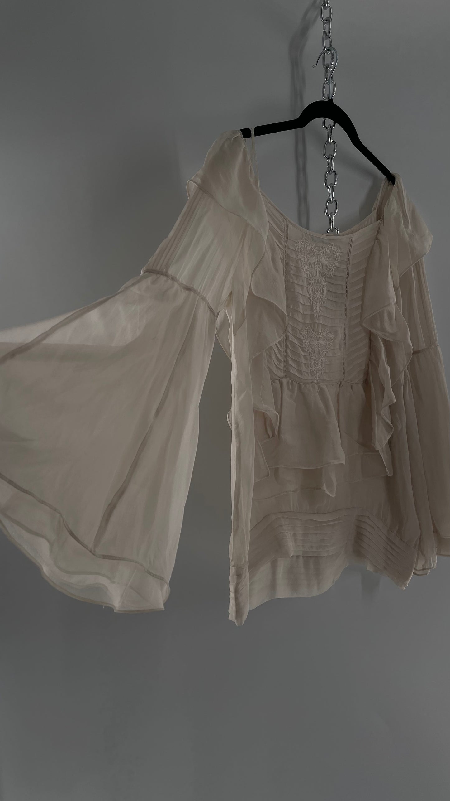 ZARA Ruffled and Embroidered Bell Sleeve Blouse (Large)