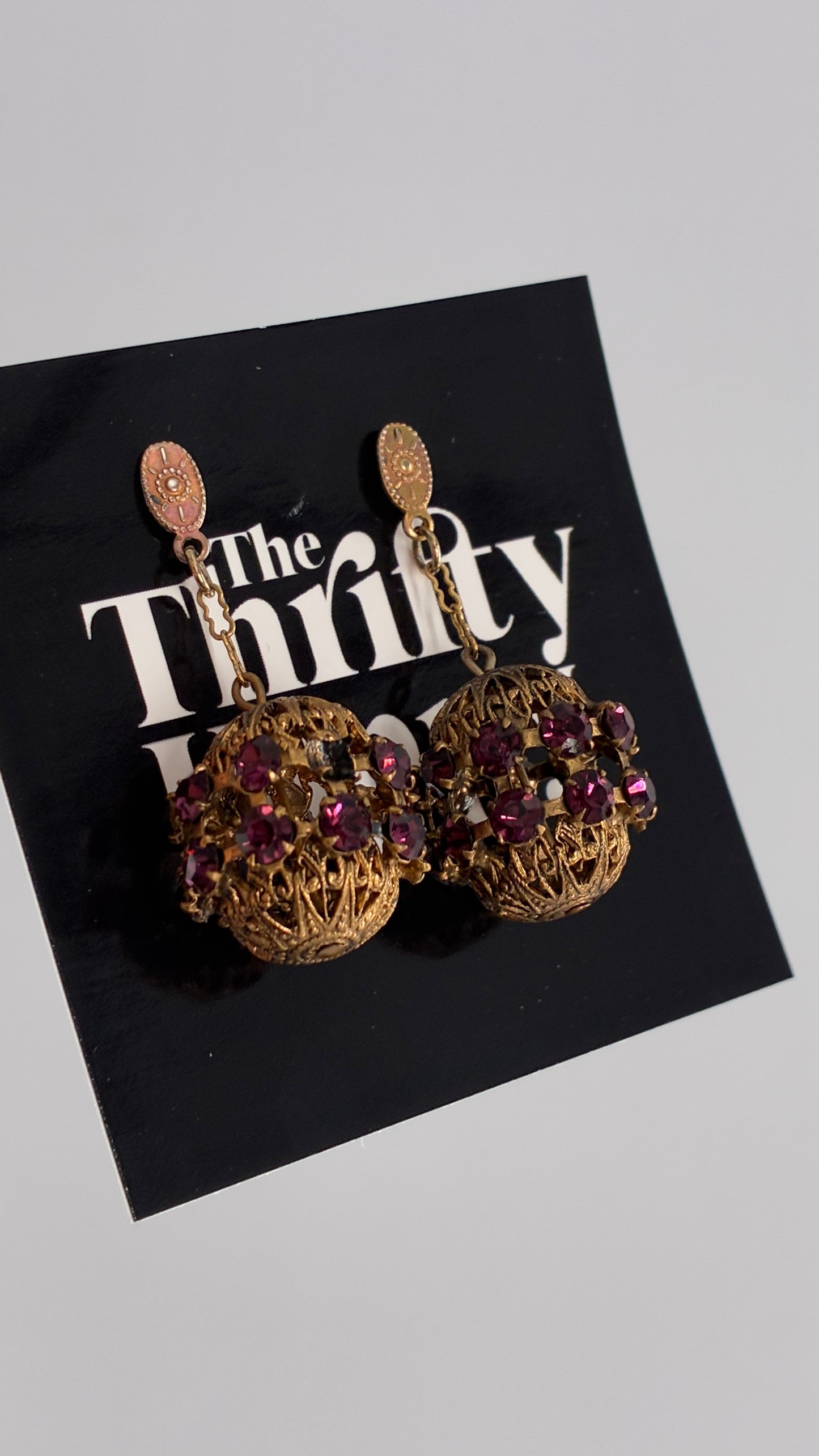 Vintage Bronze Ornate Cage Pendant Earrings with Purple Stone Details