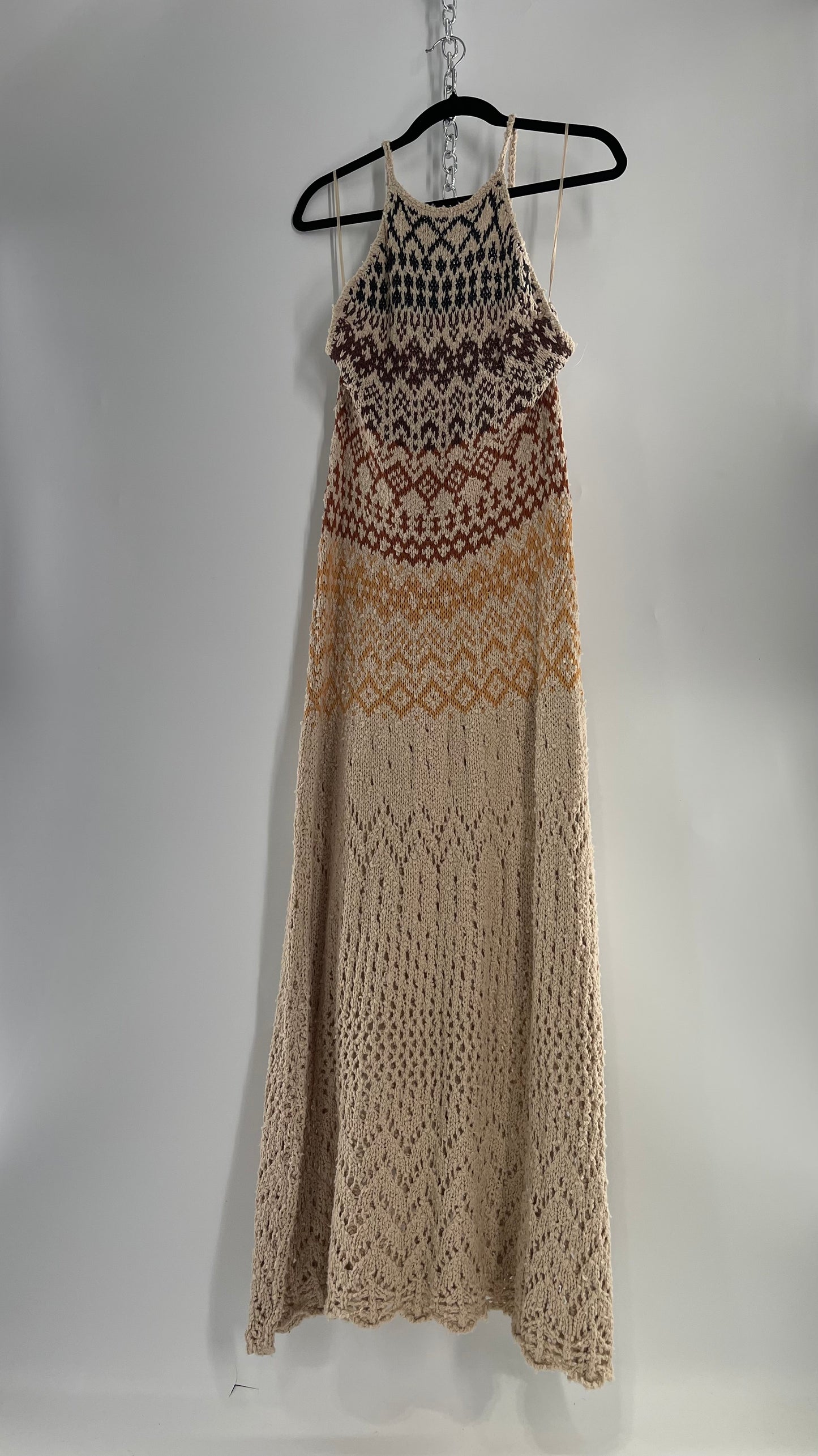 Free People Beige Ikat Oasis Knit Halter Maxi Dress (Small)
