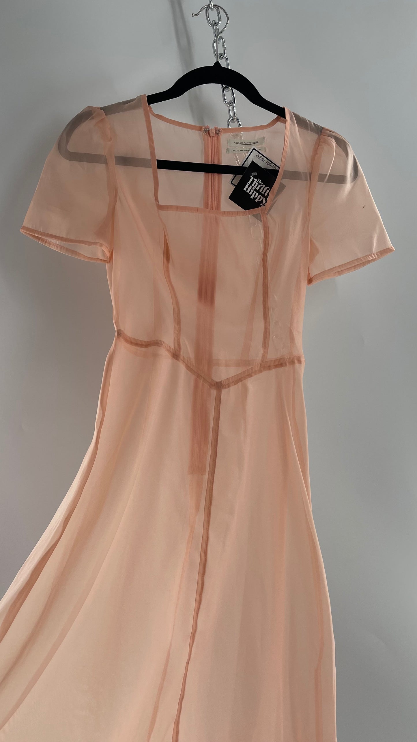Urban Outfitters Pink/Peach Voile Vintage Inspired MIDI Dress with Ruffled Hem (XS)