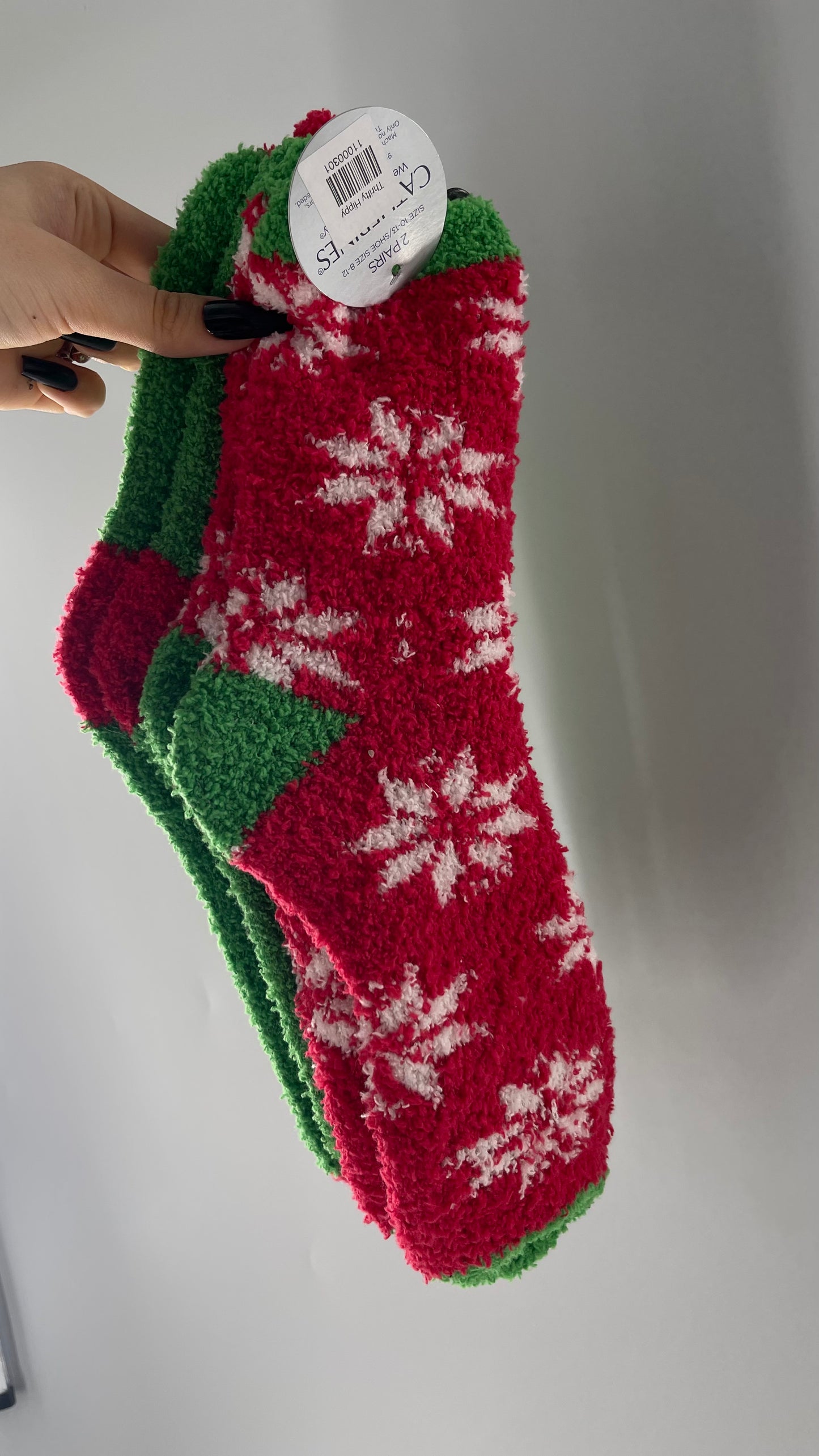 Festive Fuzzy Christmas Color Block Red Green Socks (Sz 8-12)
