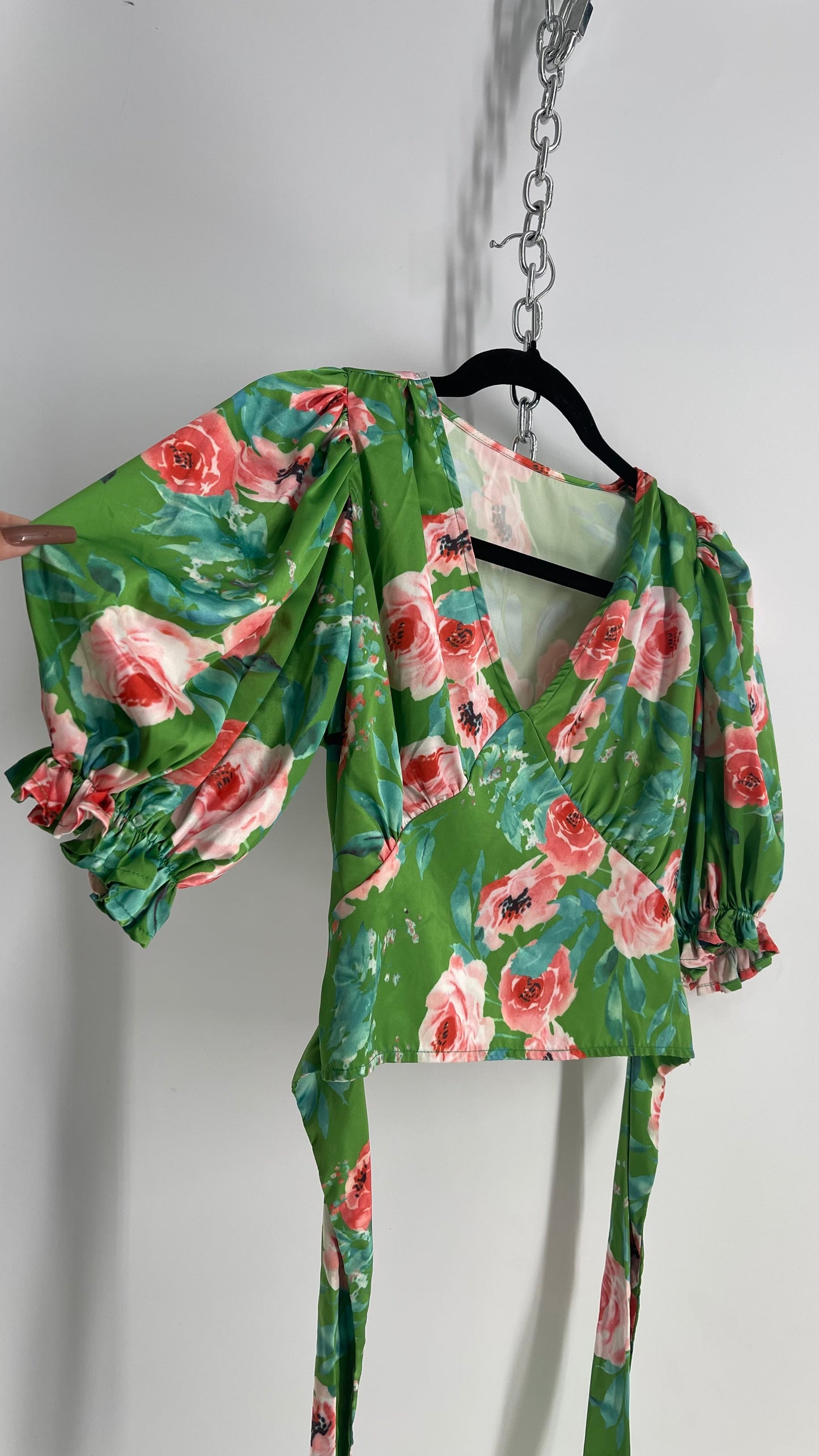 OPI Green Floral Puff Sleeve Open Tie Back Blouse (small)