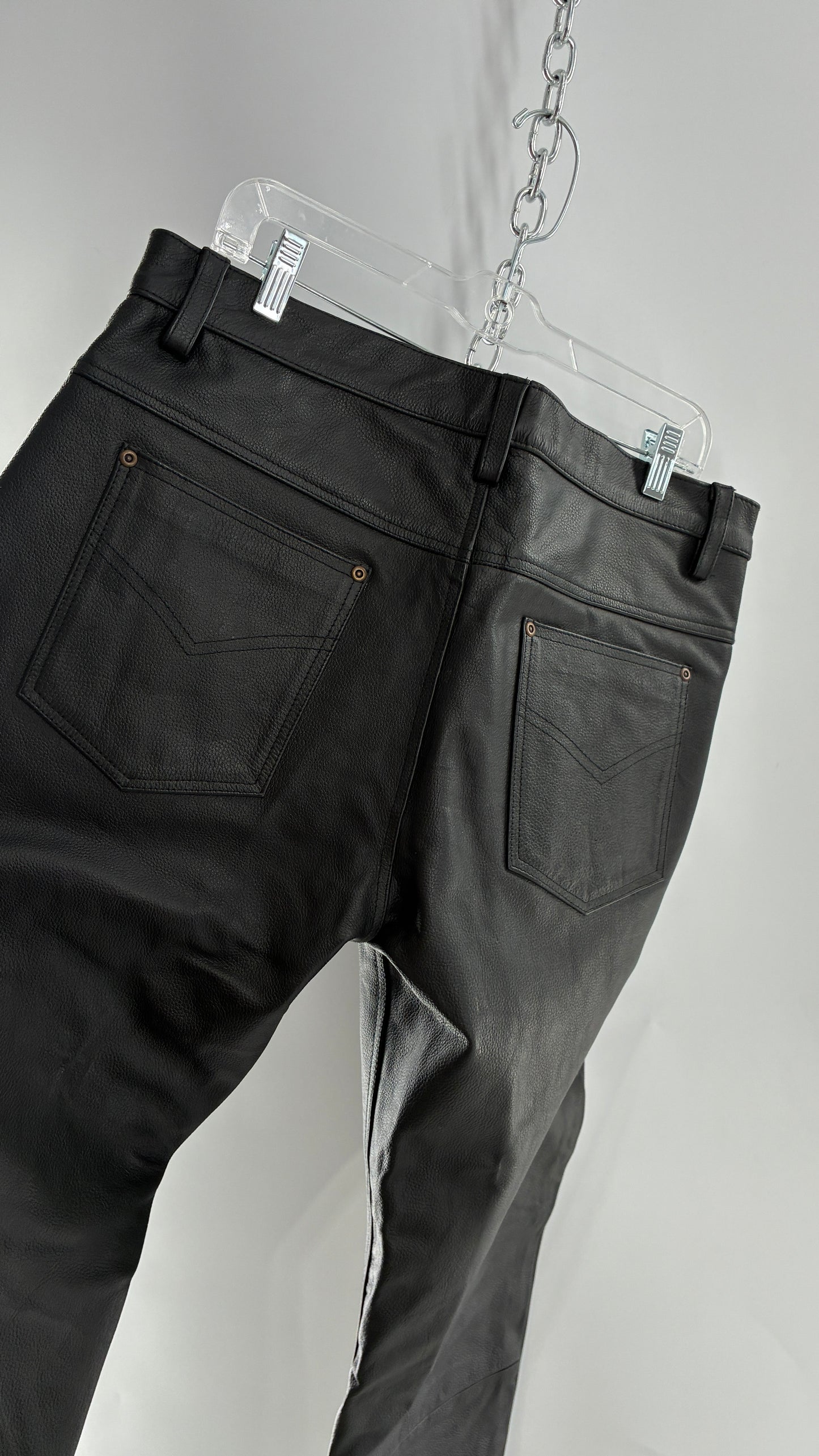 Vintage Button Front, French, Black, Thick Genuine Leather Pants (36)